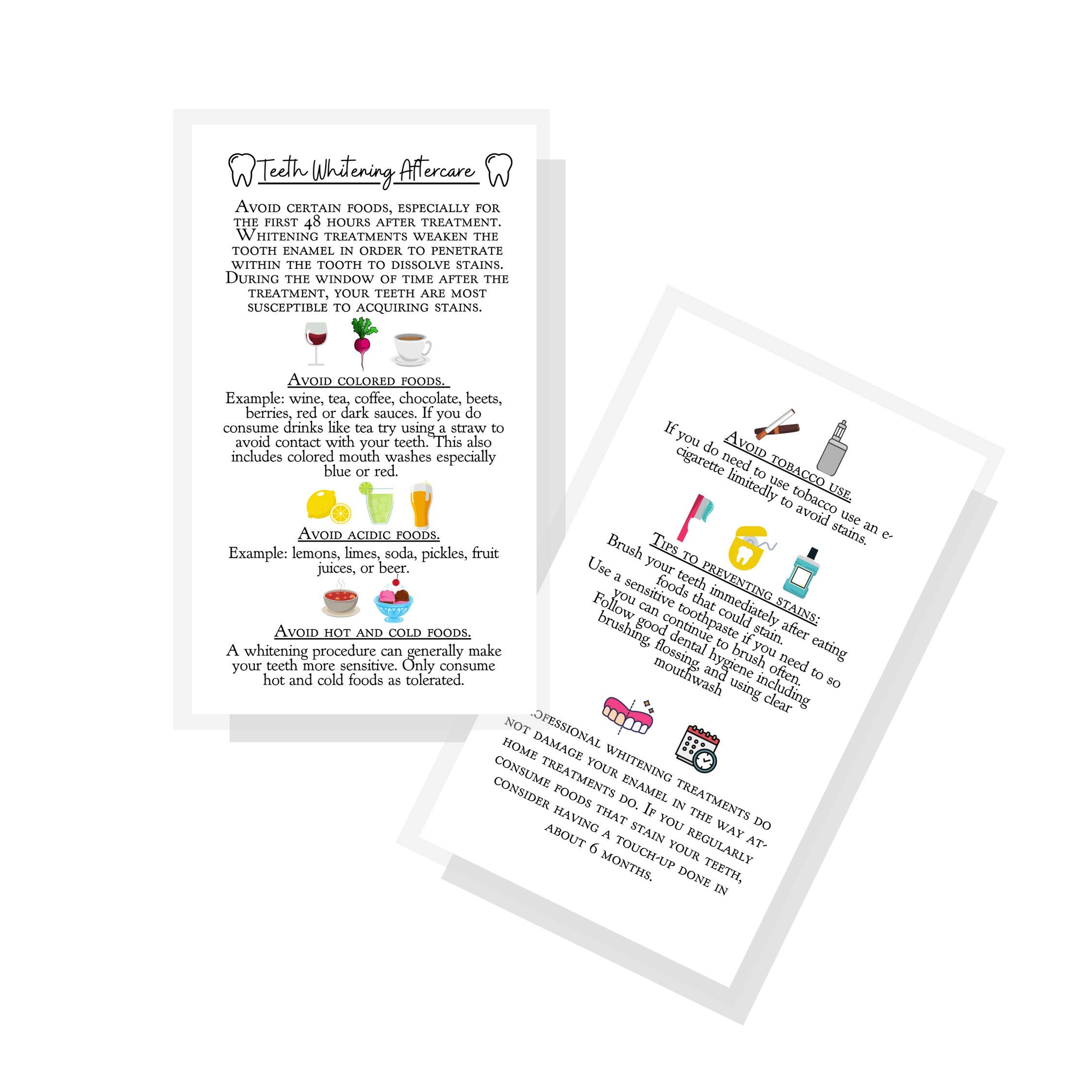 50 Pack Professional Teeth Whitening Aftercare Instruction Cards | Double-Sided 2x3.5 Inch Business Size | Wallet-Friendly Dental Care Reminder Cards with Color Icons | Perfect for Dentists, Hygienists & Whitening Kits