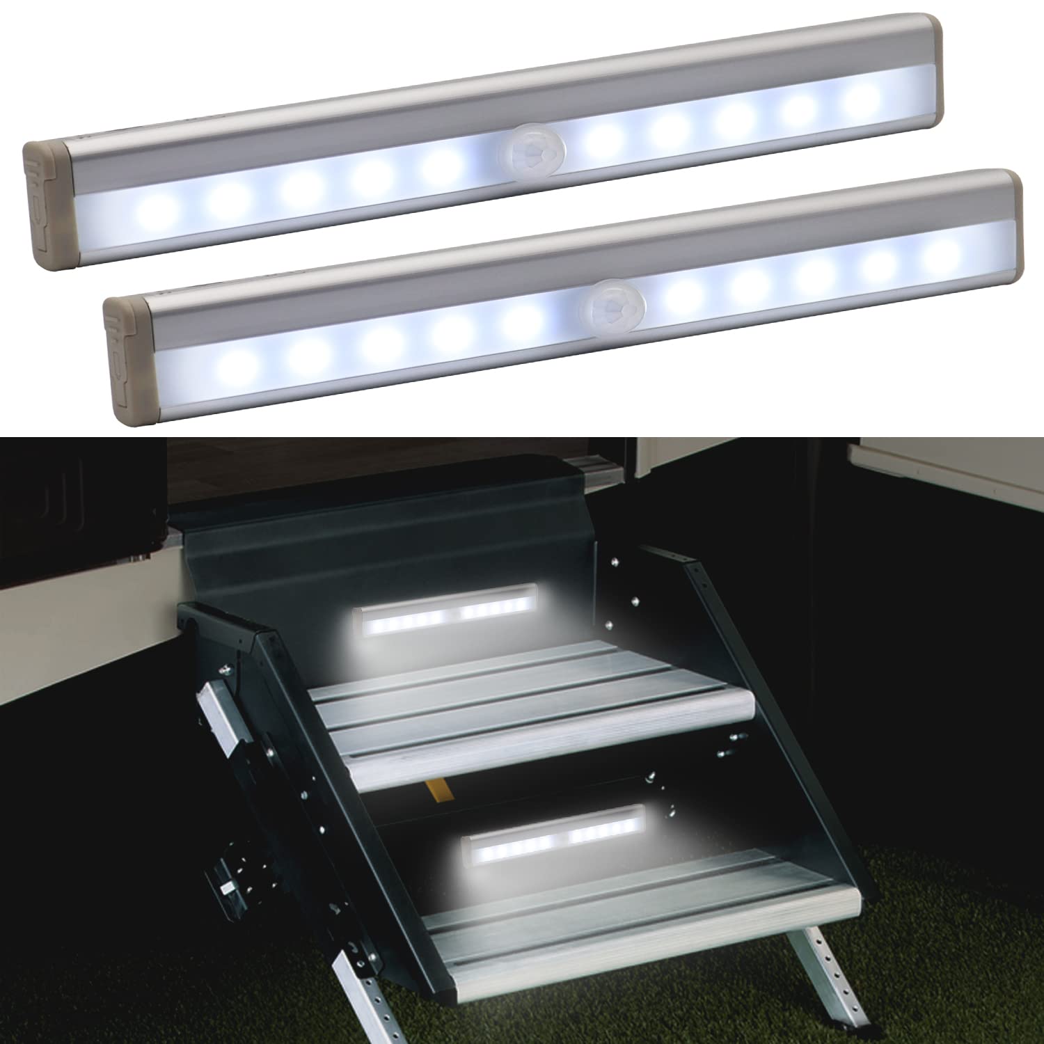 Motion Activated RV Step Lights - 10 LED Battery Operated Motorhome Motion Sensor Light Strip with Magnetic Mount for RV, Travel Trailer, Camper (2 Pack) - Perfect for Nighttime Safety and Convenience in Outdoor Adventures