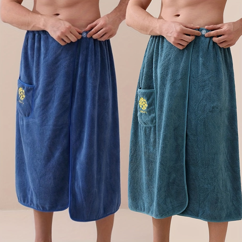 1pc Soft Absorbent Men's Bath Wrap Towel - Quick Dry Skin-Friendly Shower Skirt with Pocket - Plain Color Bathroom Essentials for Sauna, Spa, Gym & Home Use