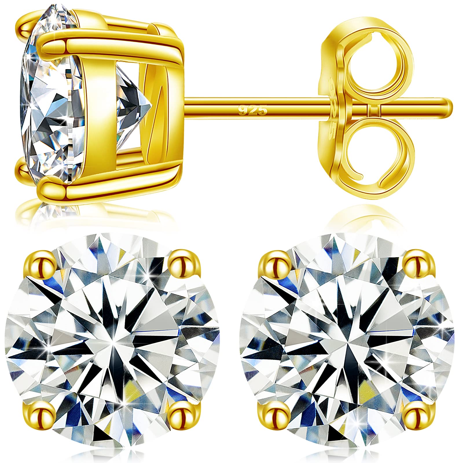 Moissanite Stud Earrings 0.2CT-8.0CT | Hypoallergenic D Color VVS1 Clarity Round Cut Lab Created Diamond Earrings | 18K Gold Plated & 925 Sterling Silver | Anniversary Gift for Women & Men | Perfect for Weddings, Date Nights & Special Occasions