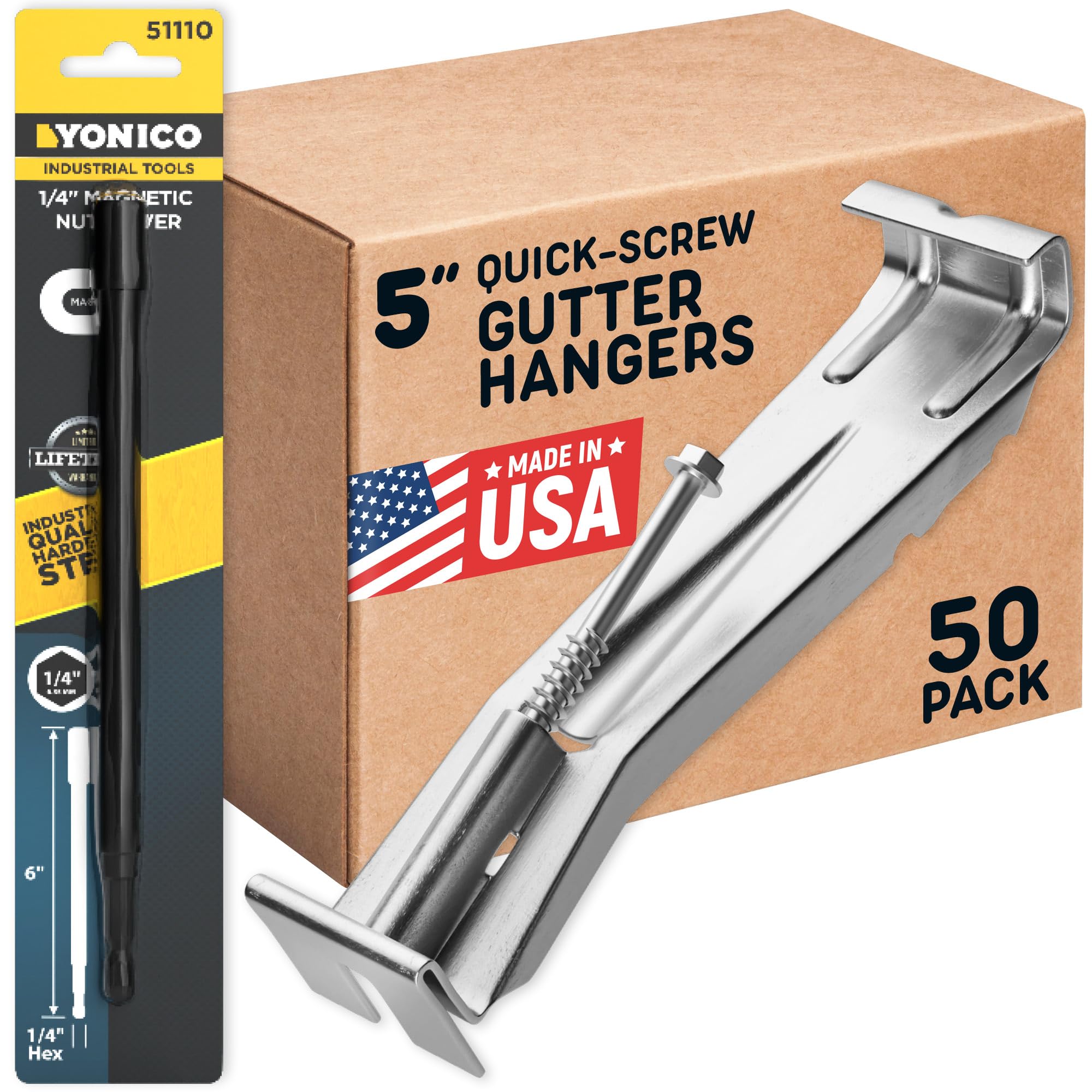 5 Inch Quick Screw Gutter Hangers - 50 Pack Heavy Duty Hidden Bracket Clips with Pre-Assembled Screws - Includes Bonus 6 Inch Drill Bit - Secure Fix for Sagging Rain Gutters - Perfect for Home Roof Drainage System Maintenance and Gutter Repair