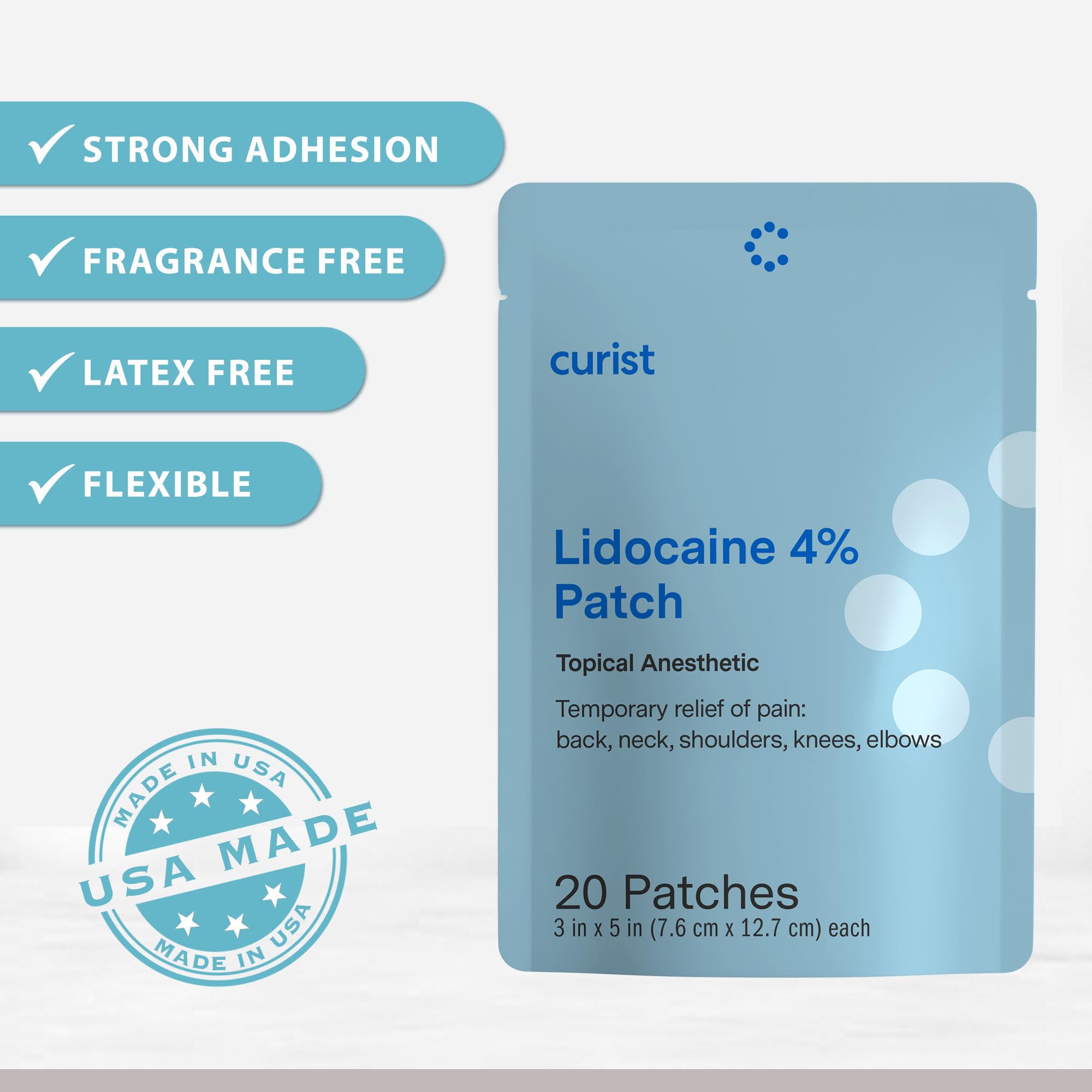 Curist Super Stick Lidocaine 4% Pain Relief Patches - 20 Count (3x5 Inches) for Back, Neck & Muscle Pain - Long-Lasting Adhesive Topical Analgesic - Perfect for Post-Workout Recovery, Arthritis & Chronic Pain Relief