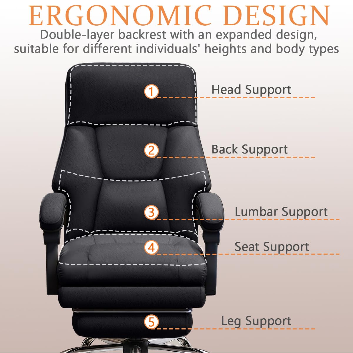 Adjustable Height Executive Office Chair with Footrest - High Back Reclining Computer Desk Chair, Ergonomic Leather Gaming & Work Swivel Chair for Home Office, Conference Room & Gaming Setup