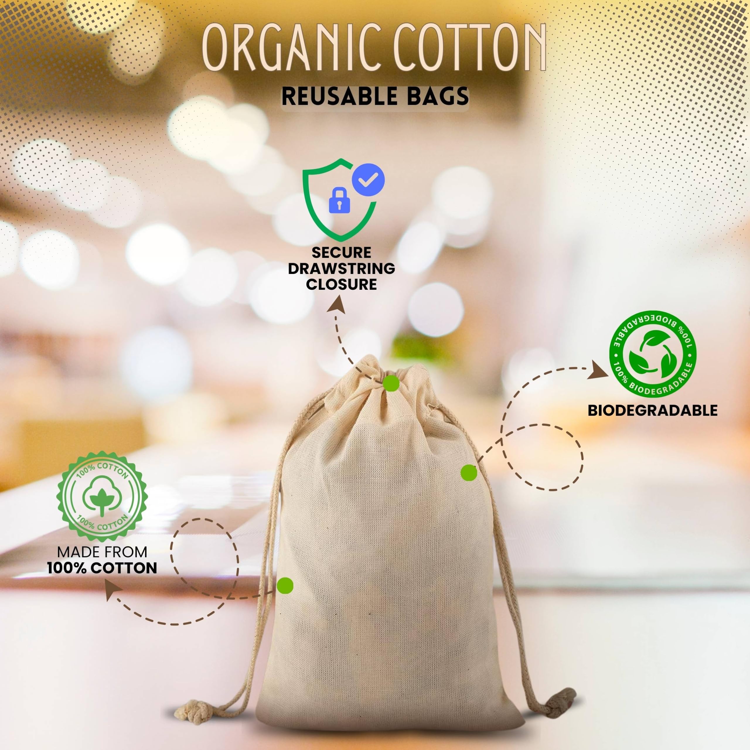 Organic Cotton Muslin Bags with Drawstrings - 100% Natural, Washable & Biodegradable Food-Safe Storage Bags for Produce, Bulk Foods, and Travel Snacks