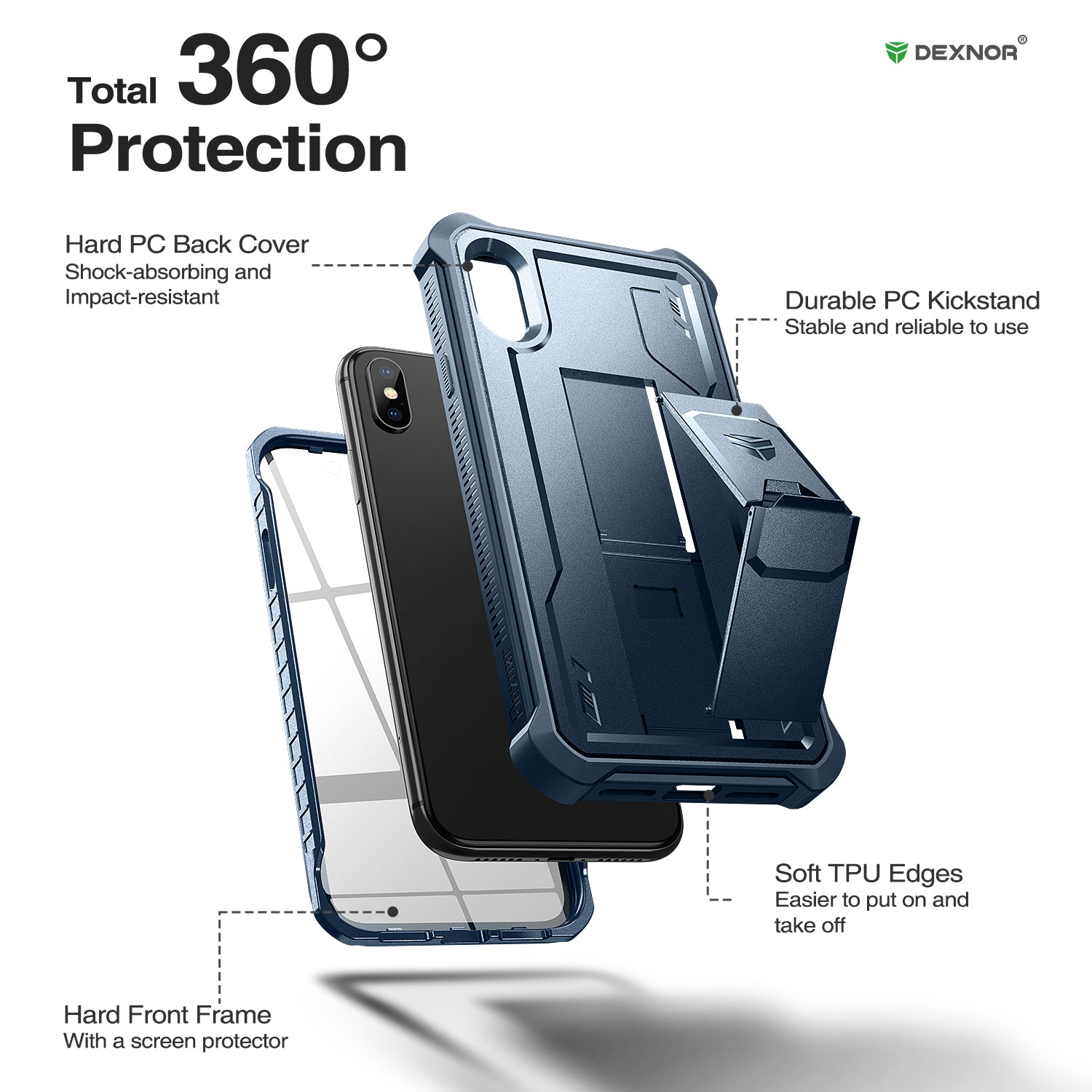 Durable Shockproof Rugged Case for iPhone X/XS with Built-in Kickstand & Full Body Protection - Includes Screen Protector - Perfect for Outdoor, Travel & Daily Use