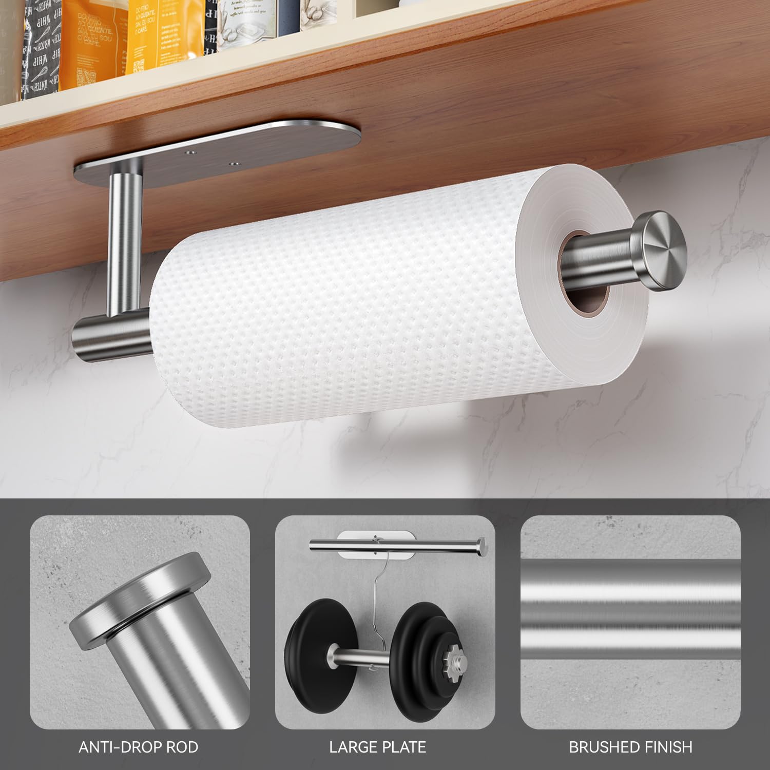 Under Cabinet Paper Towel Holder - Self Adhesive & Screw Mount Stainless Steel Roll Rack for Kitchen, Bathroom, RV - Rustproof & Durable (Silver) - Perfect for Compact Spaces & Easy Access to Paper Towels