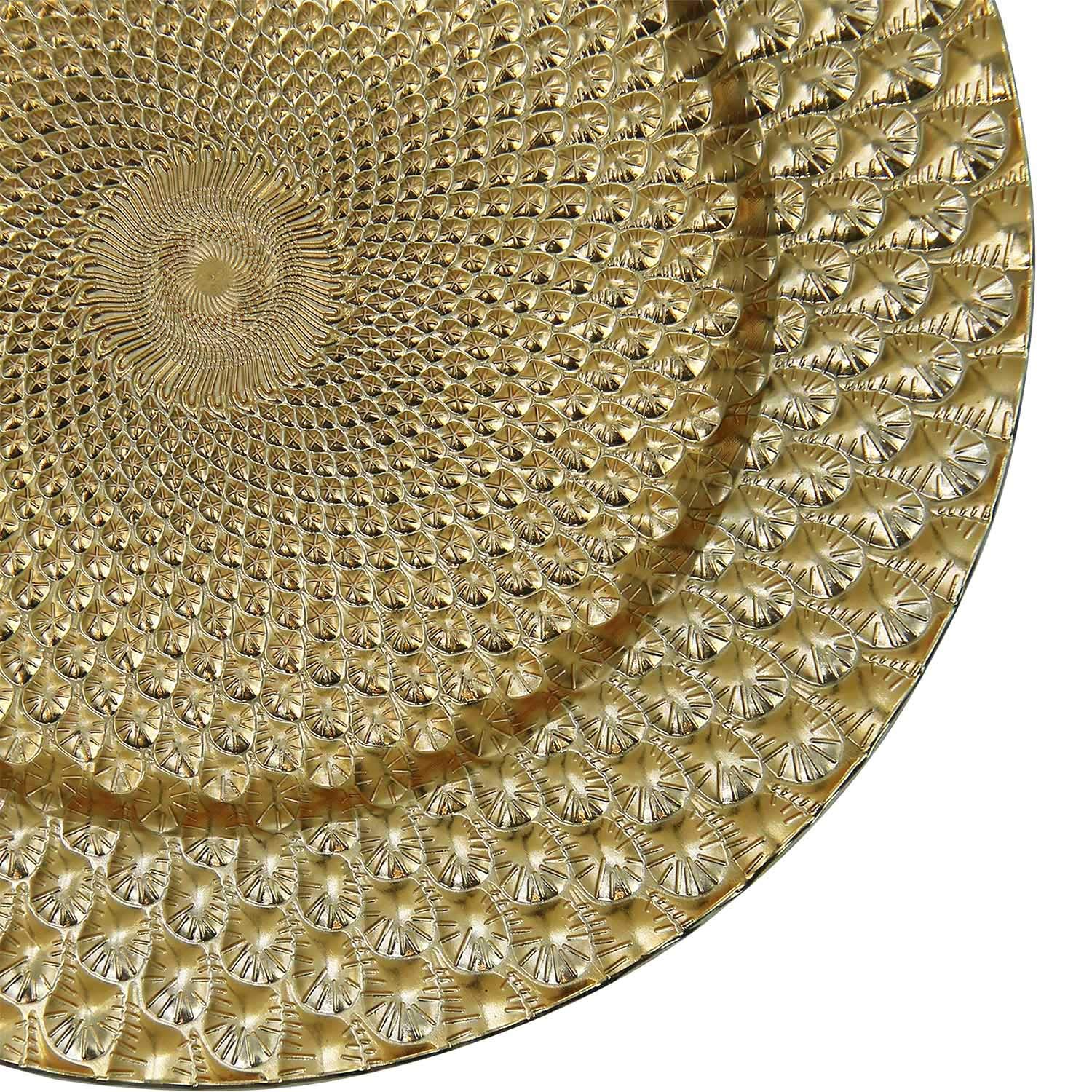 WELMATCH 12-Pack Gold Plastic Peacock Charger Plates - 13 Inch Round Decorative Dinner Plates for Wedding, Party & Special Events - Elegant Table Setting for Formal Dining & Celebration Decor