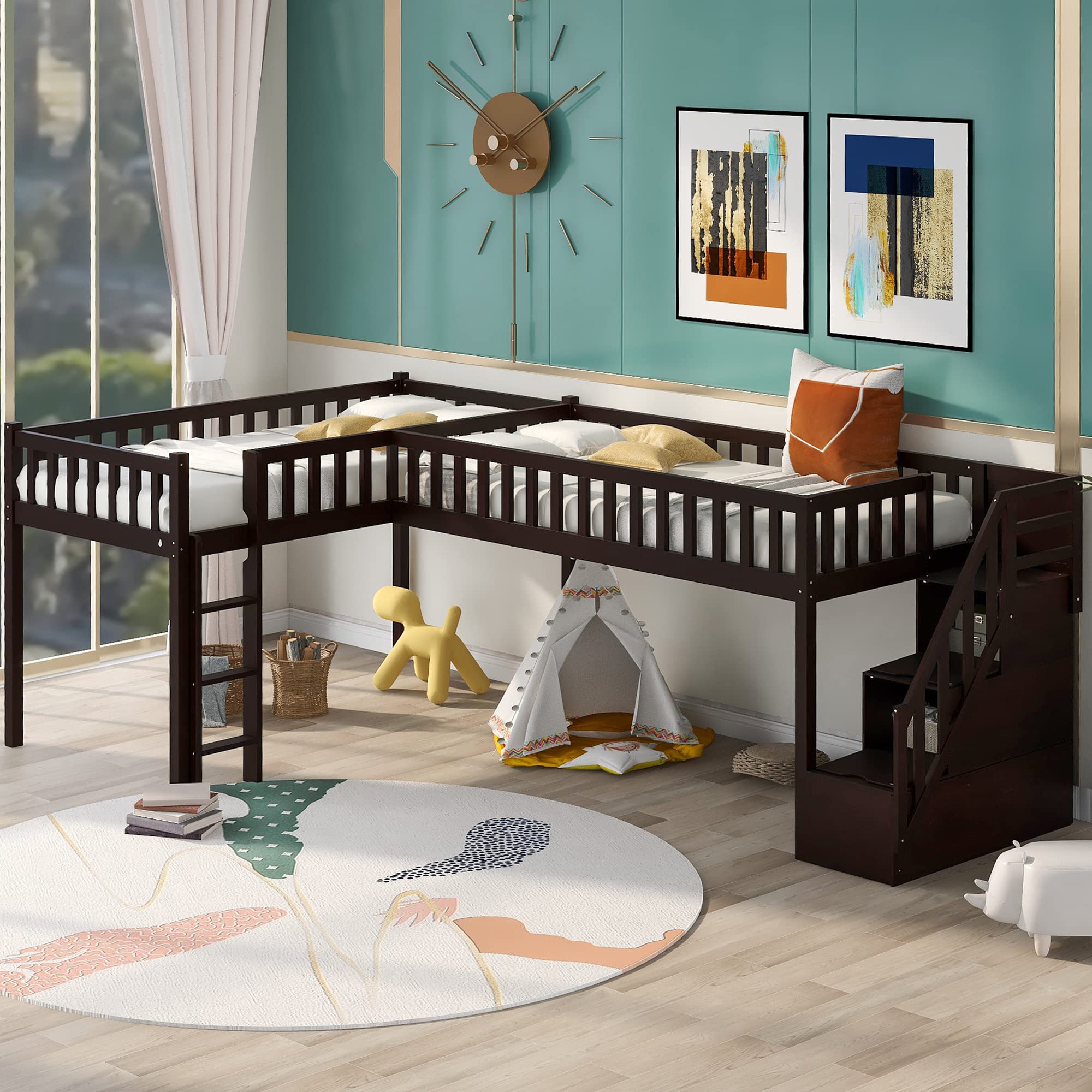 L-Shaped Twin Size Loft Bed with Staircase & Safety Rails - Space-Saving Kids Bed Frame for Boys and Girls - No Box Spring Needed - Perfect for Small Bedrooms, Dorms, and Shared Kids' Rooms