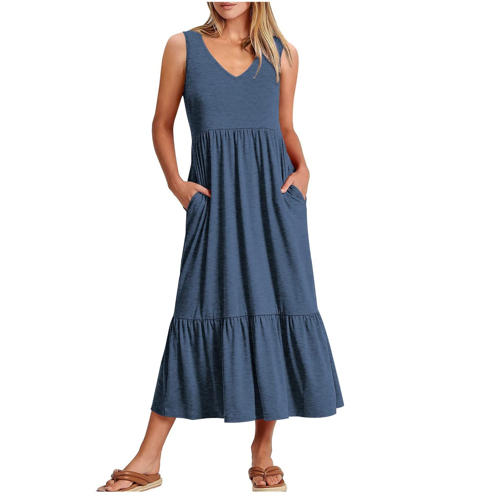 Women's Summer Vacation Dress 2024 - Sleeveless V-Neck Sundress with Pockets for Beach & Travel
