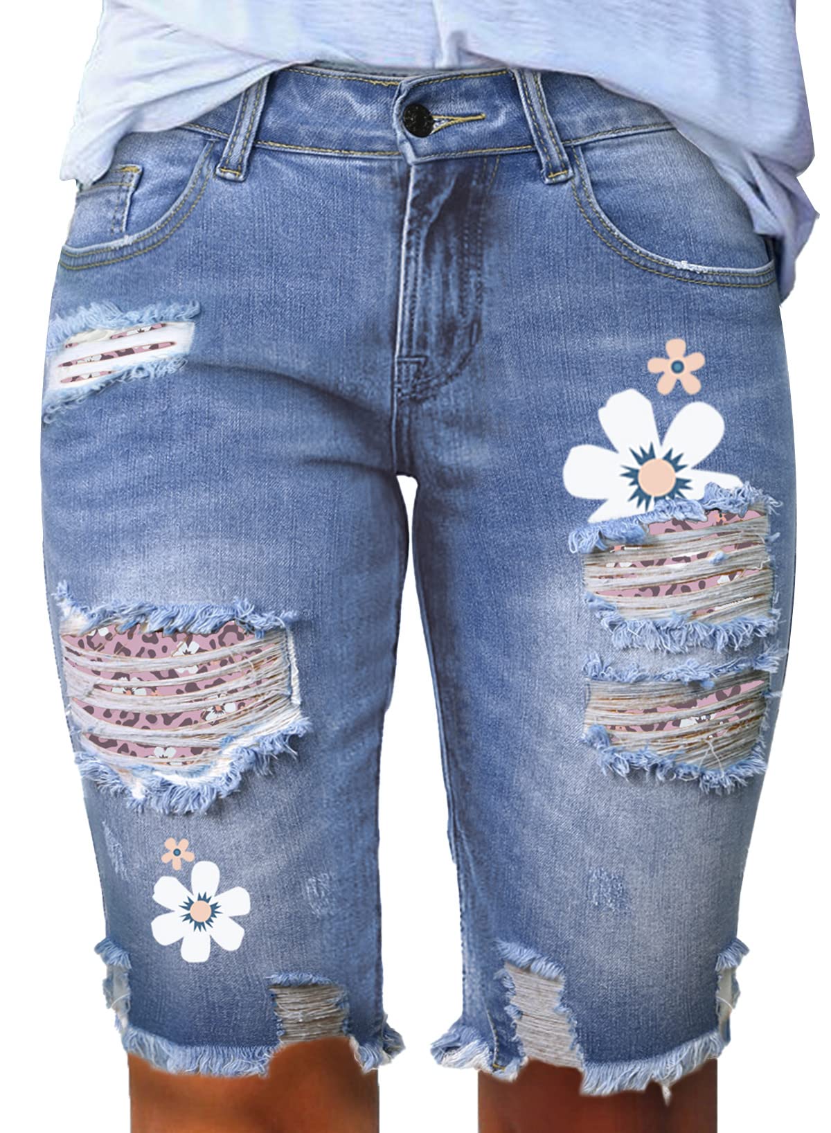 Sidefeel Women's Bermuda Shorts - Distressed Denim Shorts with Raw Hem | Casual Summer Outfit & Beach Wear