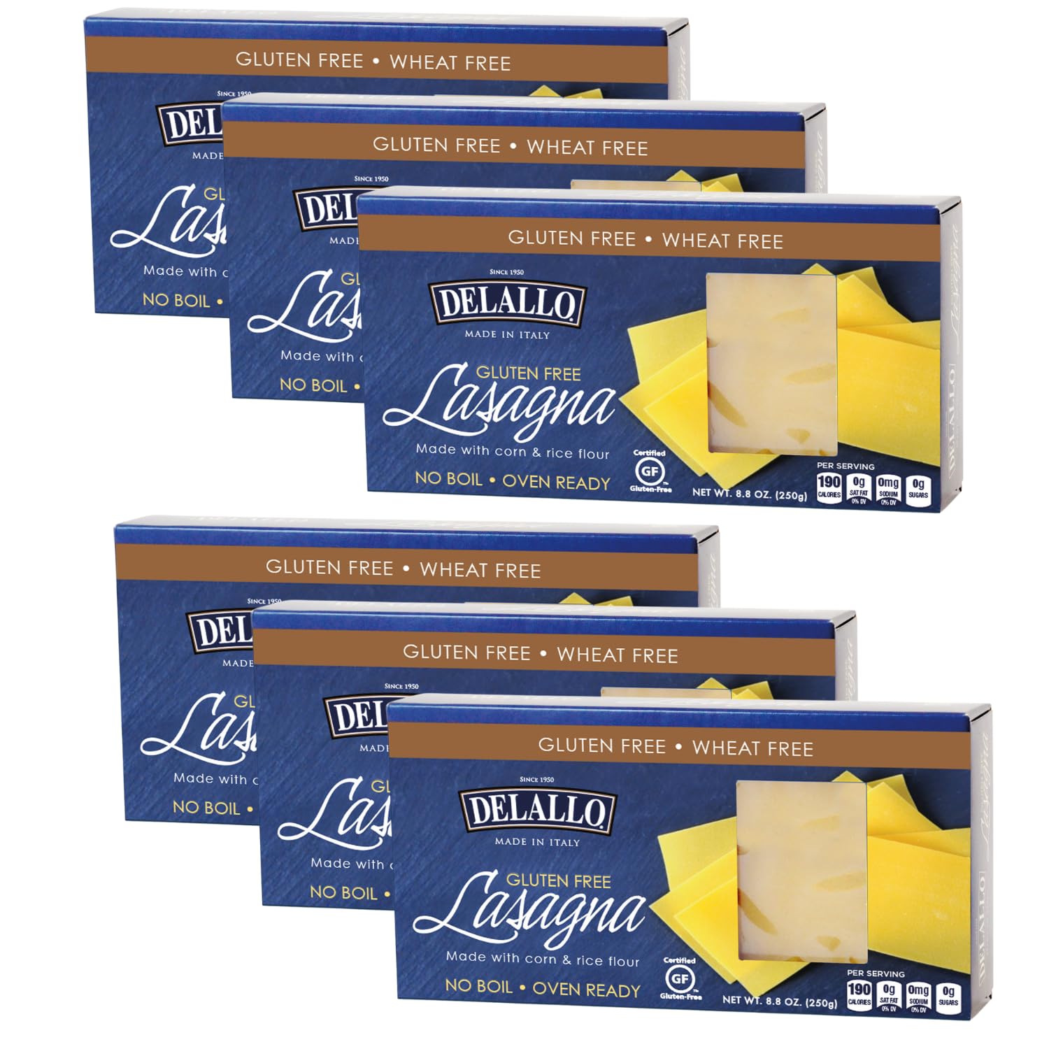 DeLallo Gluten Free Lasagna Noodles - 8.8oz Box (6 Pack) | Corn & Rice Flour | Oven Ready No Boil | Non-GMO | Perfect for Family Dinners & Meal Prep