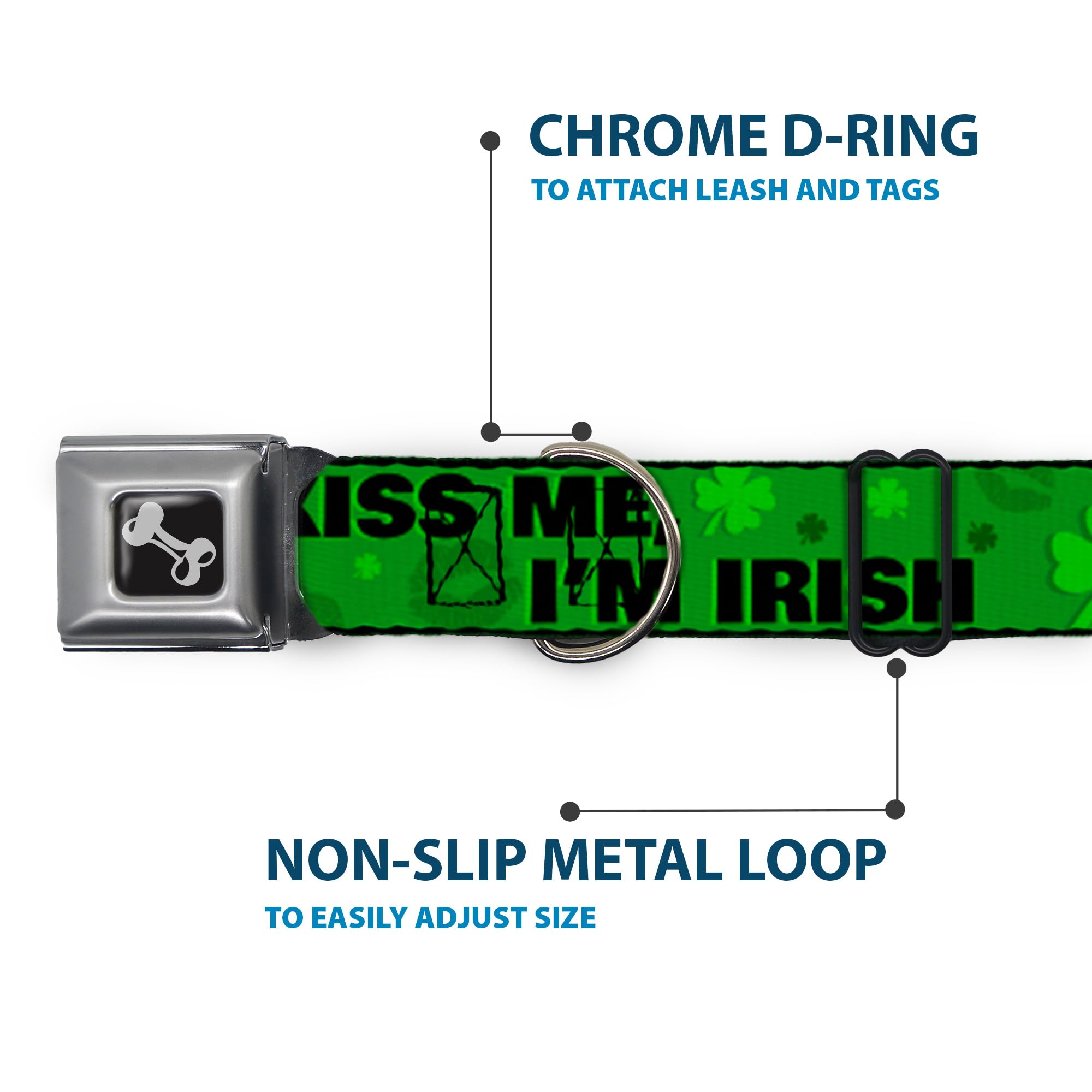 Dog Seatbelt Collar with Buckle - Kiss Me I'm Irish Clover Design, Green & Black, 16-23 Inches, 1.5 Inch Wide - Safe Car Travel for Medium Dogs