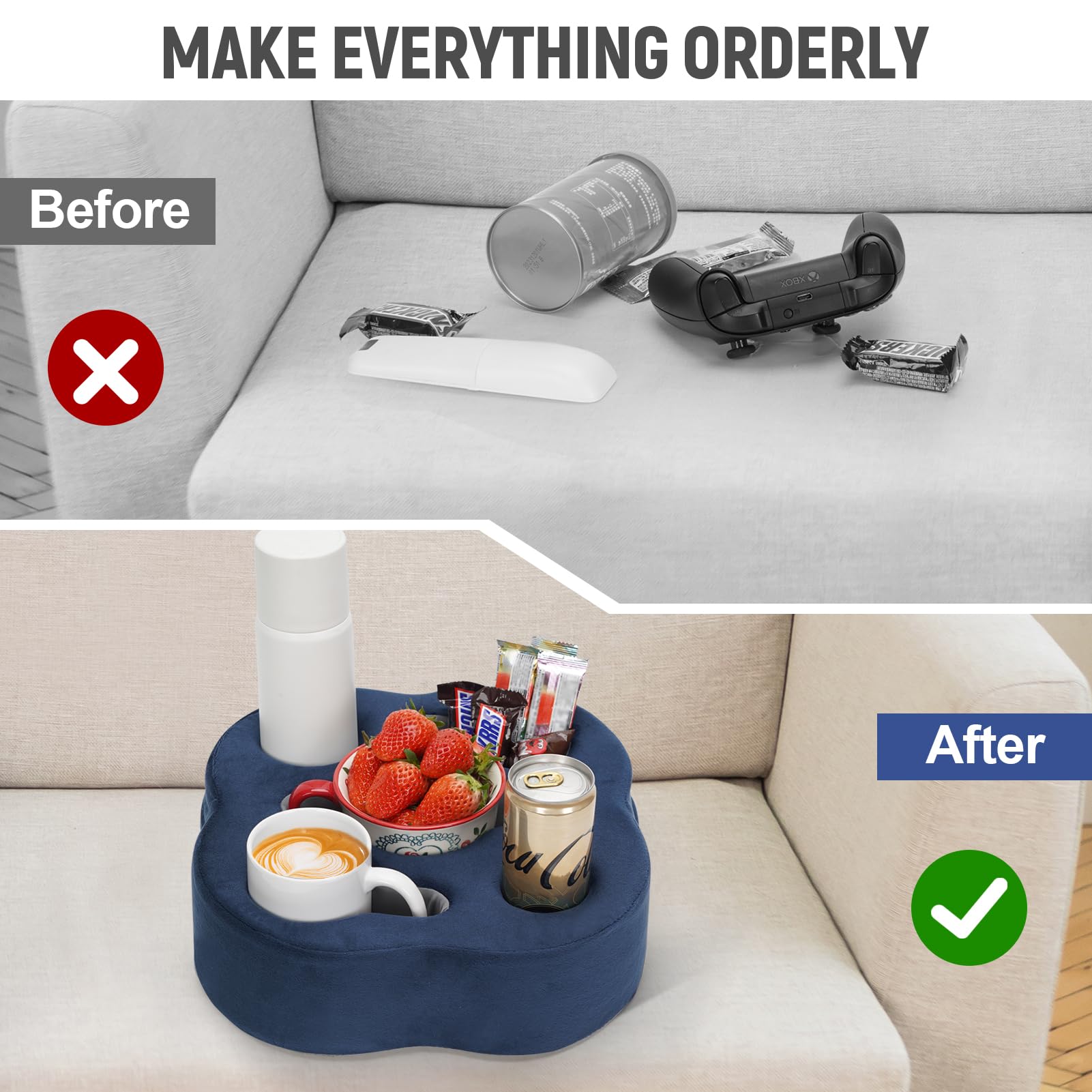 Universal Couch Cup Holder Pillow - Sofa & Bed Organizer Caddy for Drinks, Remote Controls, Phones & Snacks - Navy Blue - Perfect for Movie Nights & Relaxing at Home