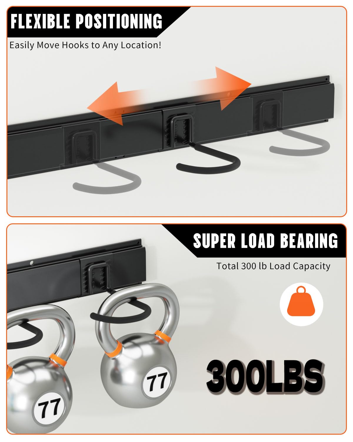 Heavy Duty Bike Rack Wall Mount - 300 lbs Capacity Adjustable Garage Bike Hooks with 4 Hooks & 3 Rails (48 Inch Black) - Perfect for Indoor Bike Storage, Garage Organization & Space Saving Solutions