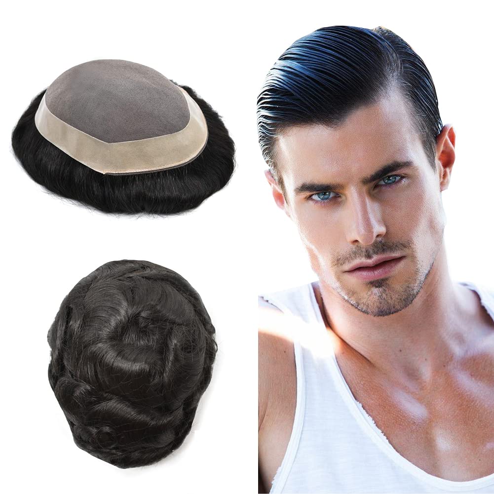 Premium Men's Toupee - 100% European Real Human Hair Replacement System | Comfortable & Durable Hairpiece for Men (7x10, Jet Black #1, Medium-Light Density) | Perfect for Daily Wear, Special Occasions & Hair Loss Solutions