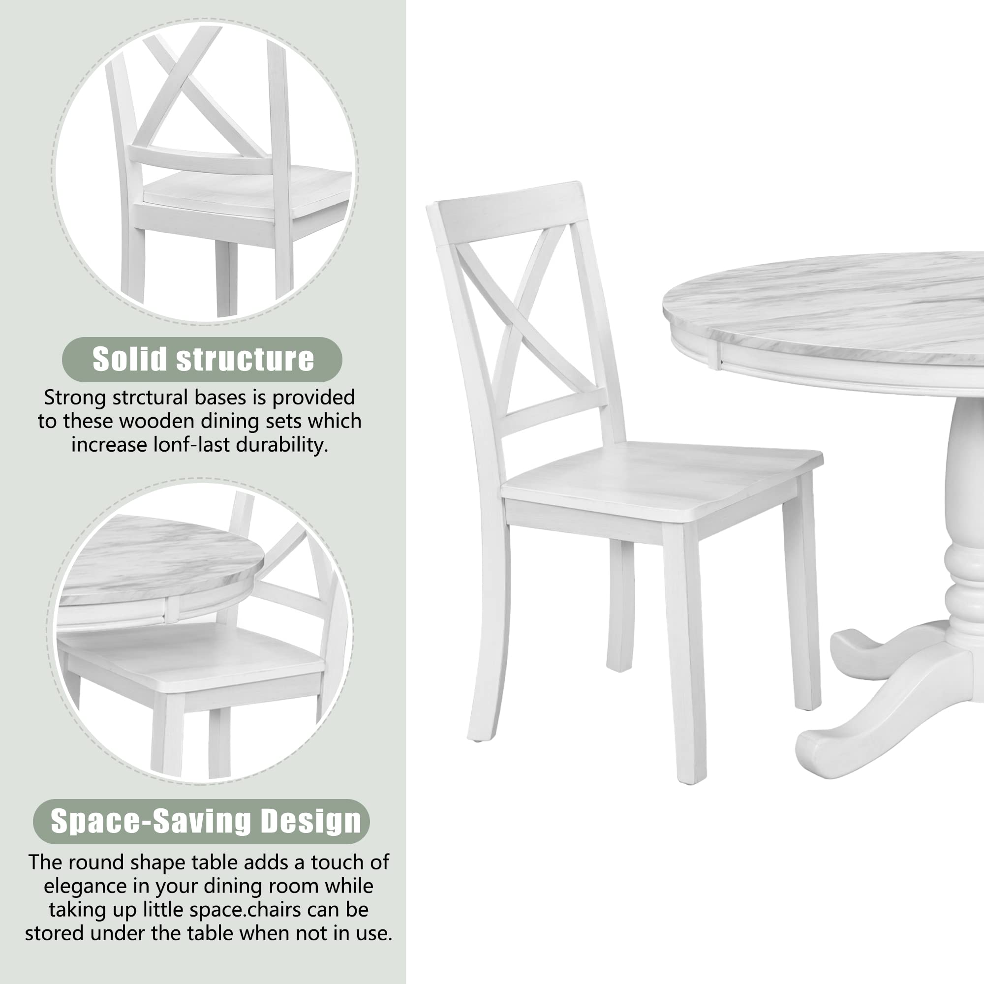 Merax 5-Piece White Round Dining Table Set with Marble Veneer Top & Wood Frame - Perfect for Small Spaces, Breakfast Nooks & Cozy Family Meals