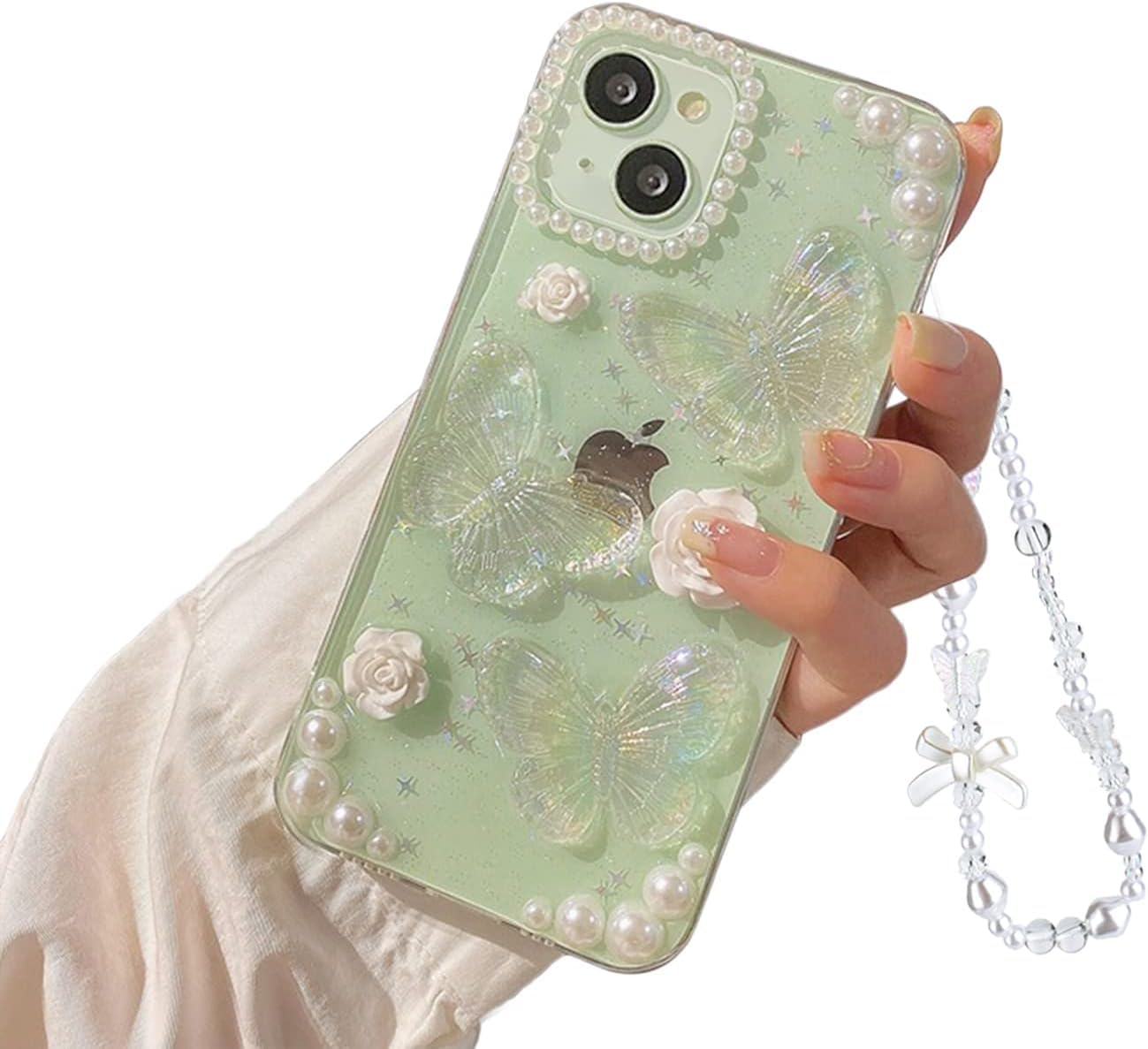 Fycyko iPhone 15 Case - 3D Butterfly Floral Clear Phone Cover with Glitter & Crystal Sparkle Design | Aesthetic Protective Case for Women & Teen Girls | Includes Pearl Chain | Perfect for Everyday Use, Parties & Gifts