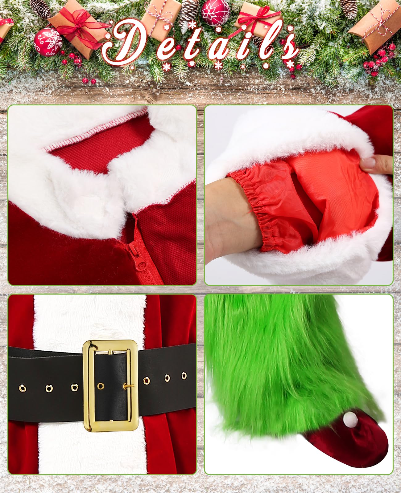 Men's Green Santa Costume Set - 8PCS Deluxe Christmas & Halloween Cosplay Outfit with Mask | Perfect for Christmas Parties, Halloween Events & Themed Costume Contests