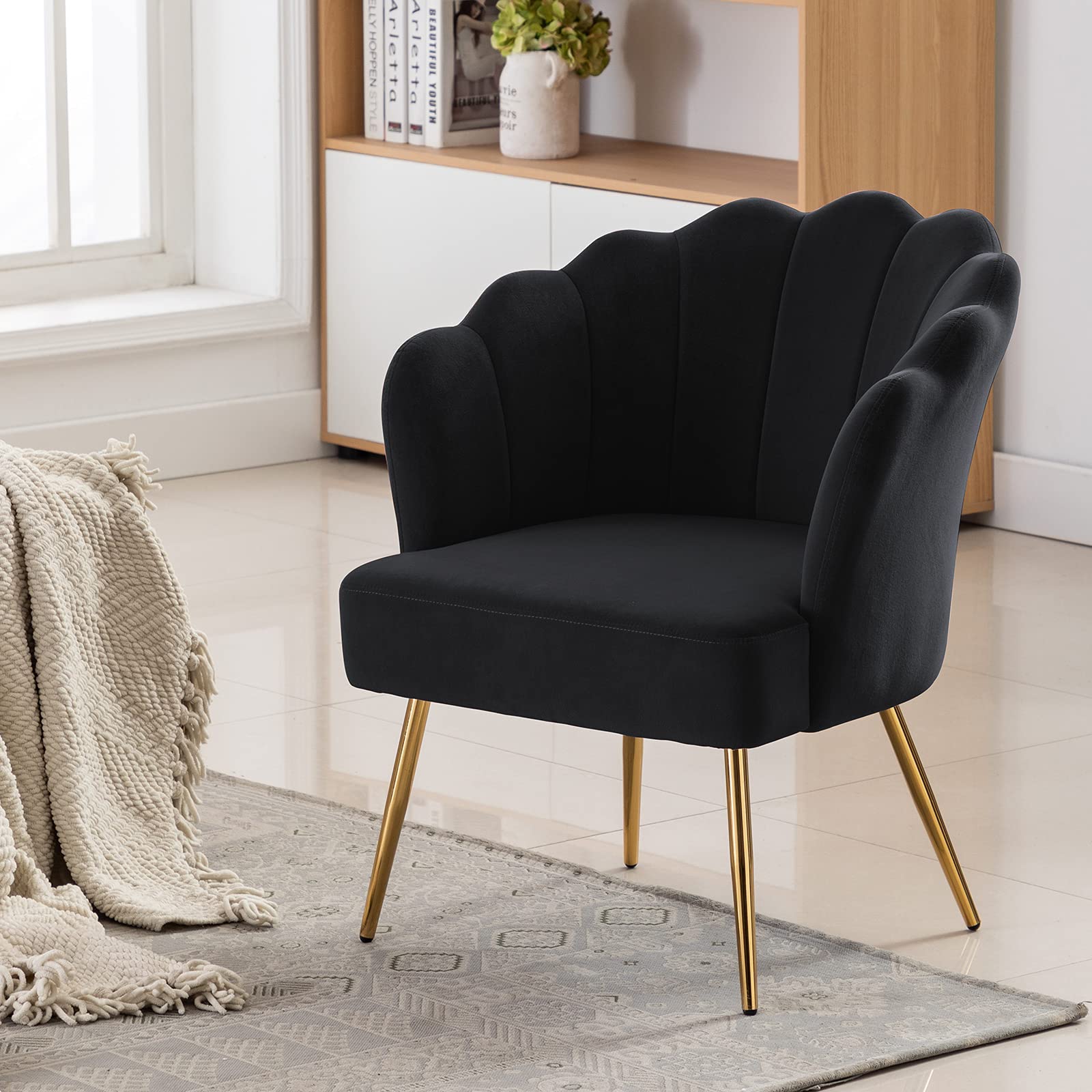 DUHOME Velvet Upholstered Accent Chair with Golden Metal Legs - Comfortable Makeup Vanity Chair, Guest Chair & Desk Chair for Living Room, Bedroom, Office & Reception Area - Elegant Black Velvet Seating Solution for Home Decor