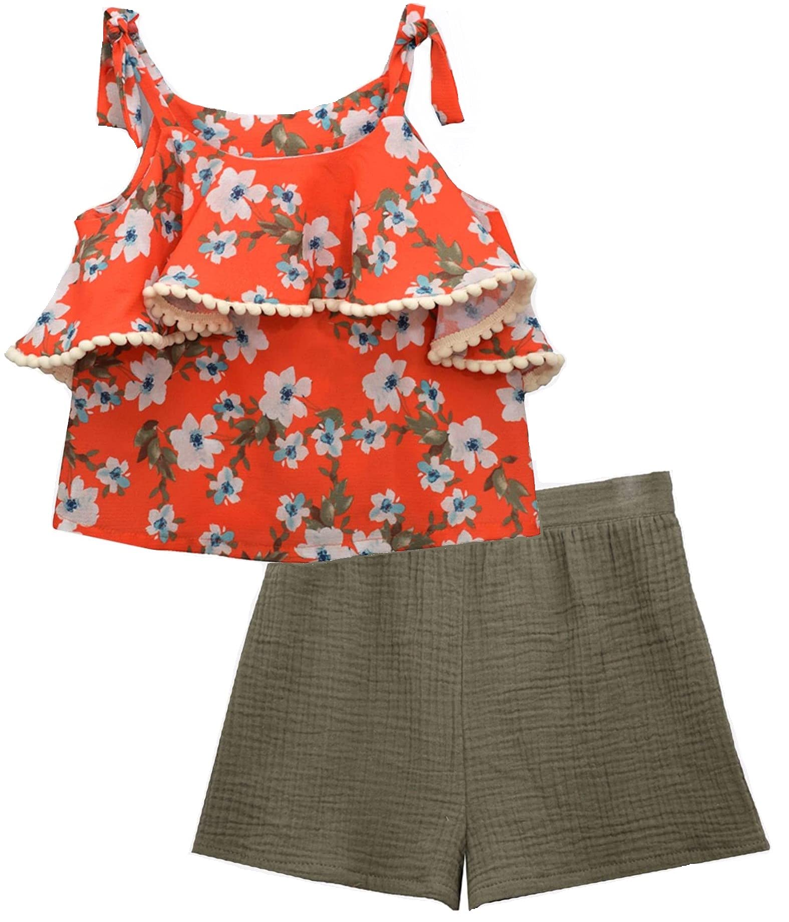 Bonnie Jean Girls' Floral Print Short Sleeve Top & Shorts Set - Orange Crepe Olive Gauze Outfit (Size 7-16) | Perfect for Summer, Beach, and Casual Wear