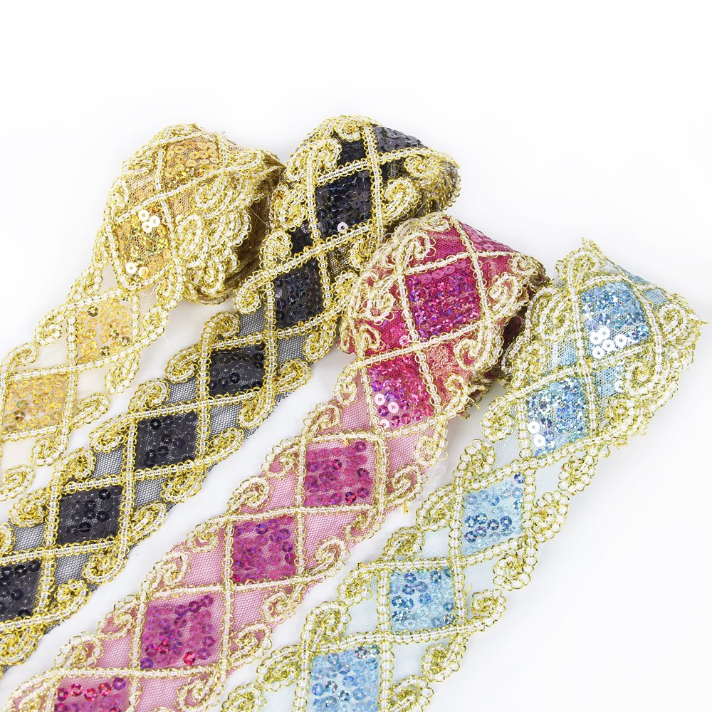 Sequins Lace Mesh Trim Ribbon - Gold Decorative Applique for Sewing Crafts, DIY Clothing, Curtains, Table Runners, Wedding Decor & Home Decoration - 10 Yards