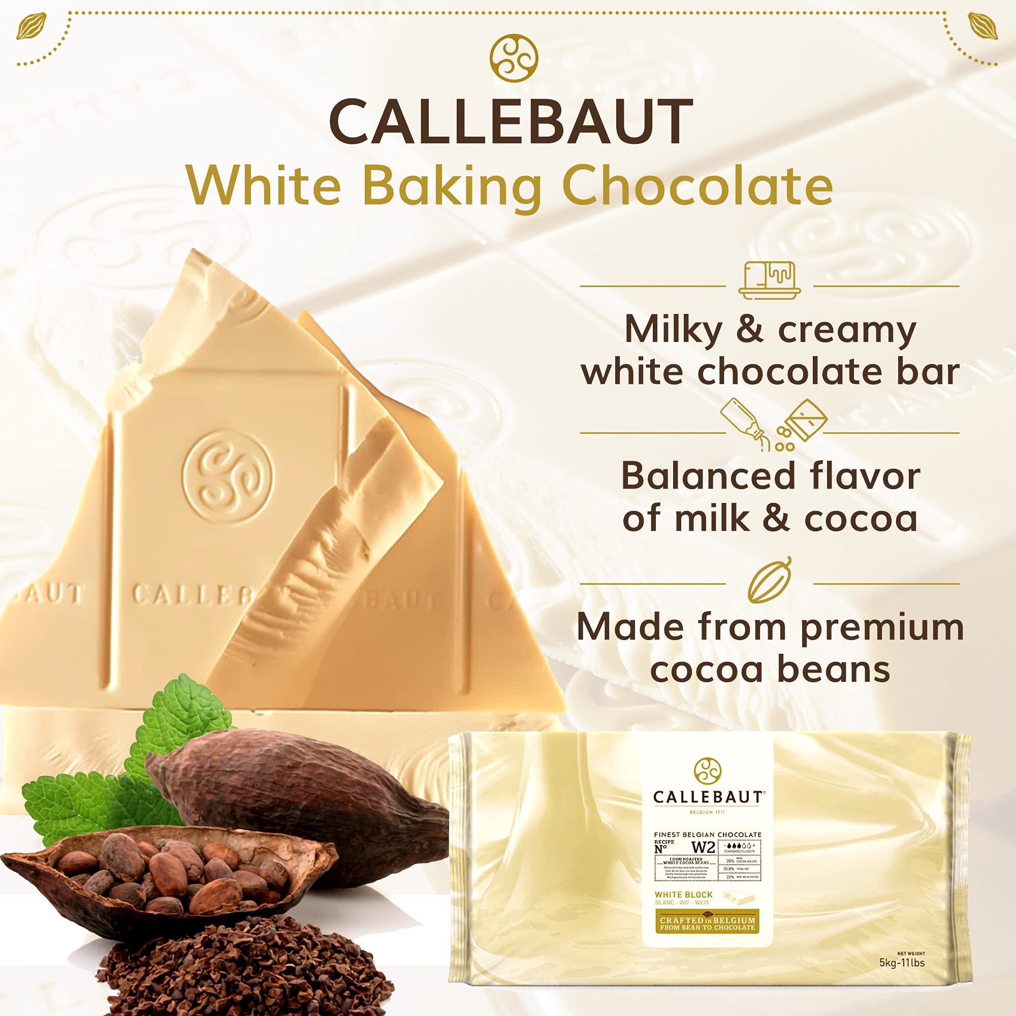 Callebaut White Baking Chocolate - 11 lb Bulk Pack for Professional Baking, Desserts & Pastry Making | High-Quality Belgian Chocolate for Chefs, Bakers & Home Cooks