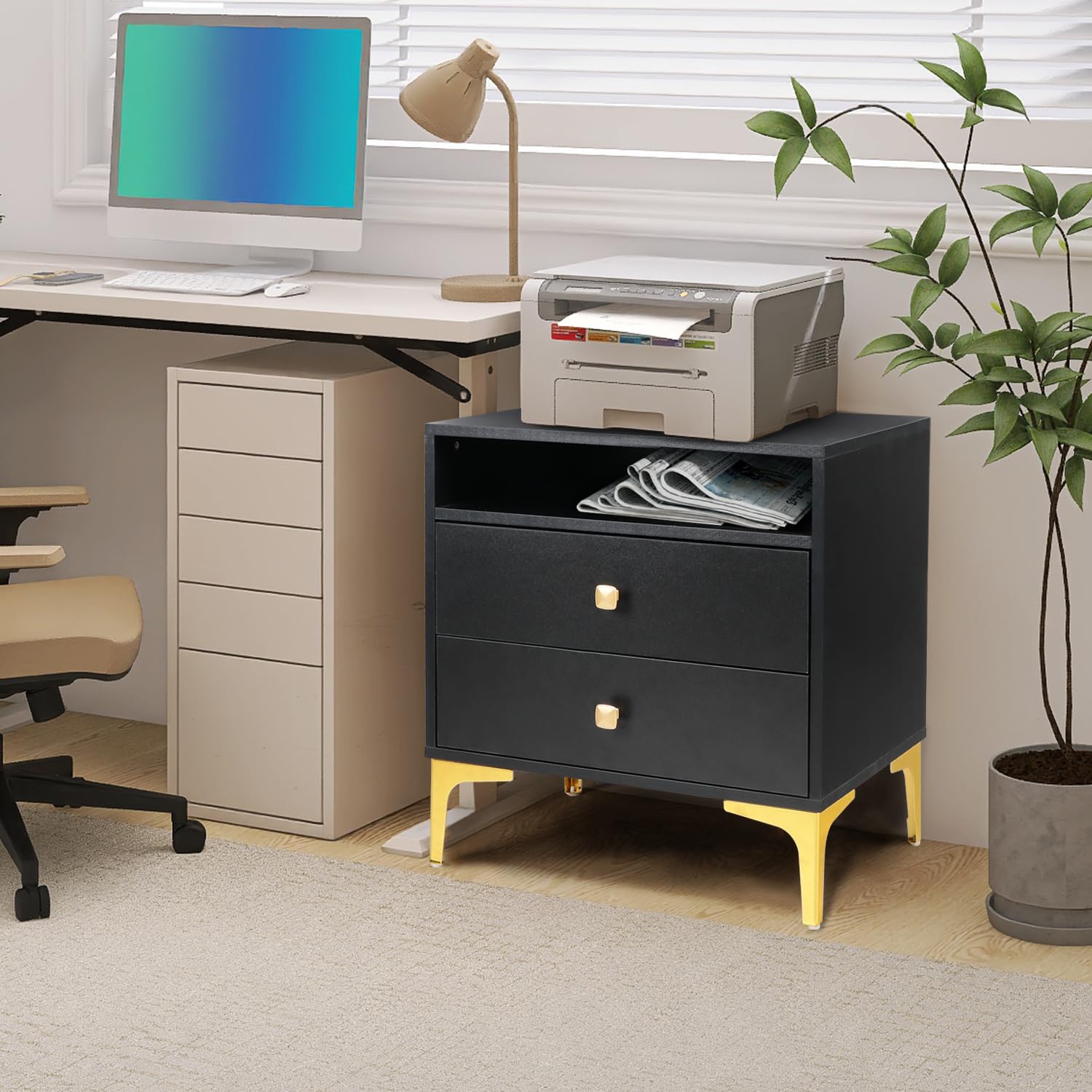 AILEEKISS Modern Nightstand Set of 2 with Wireless Charging Station - Wooden Bedside Tables with 2 Drawers & Storage - Black Contemporary Bedroom Furniture for Living Room, Guest Room & Dorm (Perfect for Charging Phones, Storing Books & Bedside Essentials)