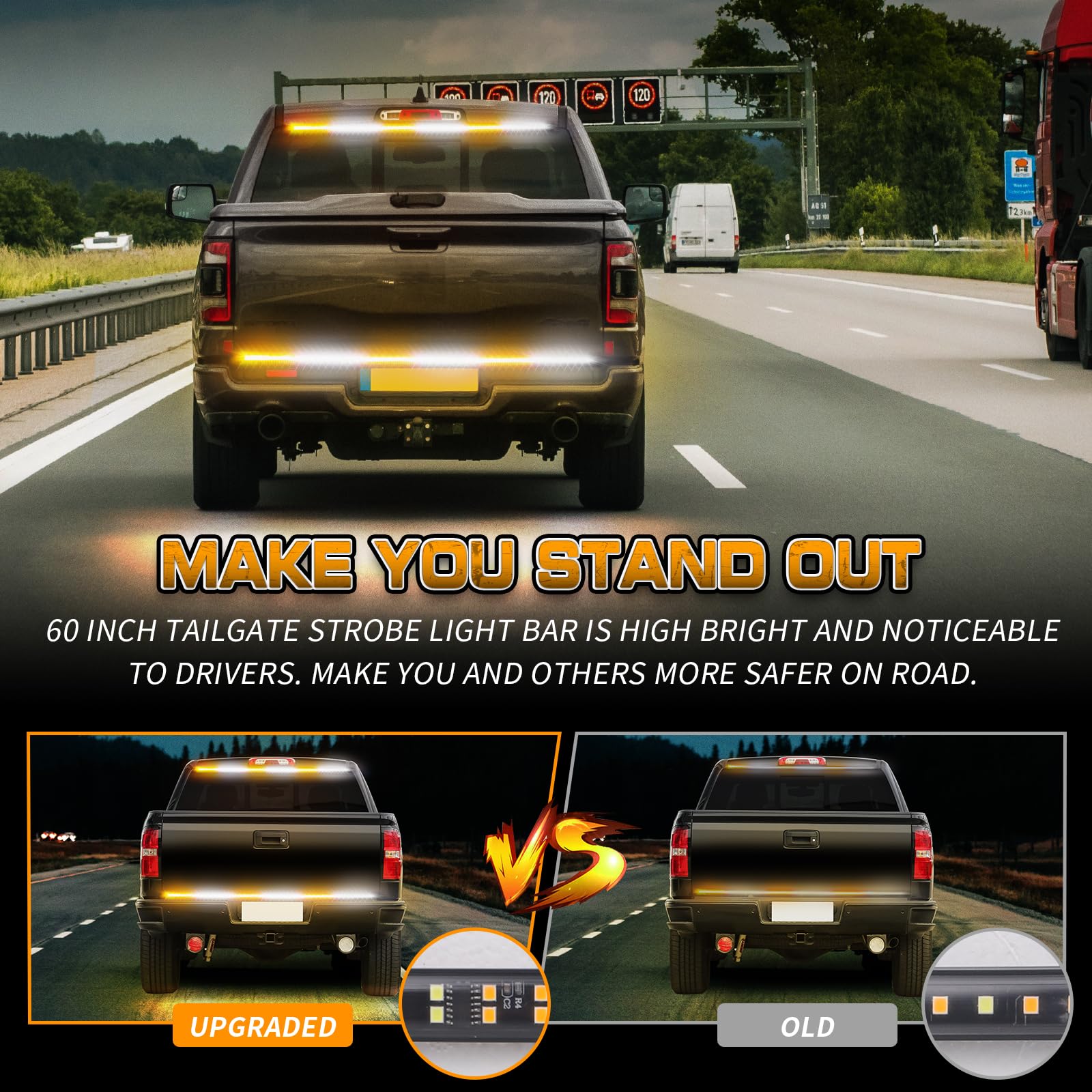 XRIDONSEN 48 Inch LED Truck Tailgate Strobe Light Bar - 288 Super Bright Amber & White Flashing Warning Lights for Emergency Safety - Heavy Duty Hazard Lights for Plow Trucks, Construction Vehicles, Pickup Trailers & Work Trucks - Ideal for Night Work, Roadside Assistance & Off-Road Adventures