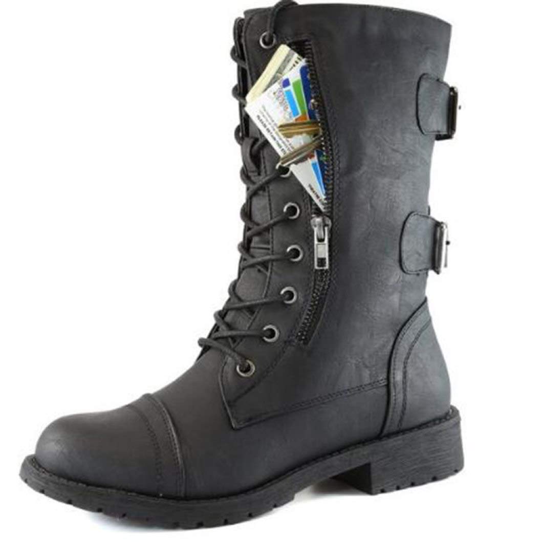 CYBLING Women's Military Combat Boots - Lace Up Mid Calf Motorcycle Boots with Credit Card & Money Pocket - Perfect for Biker, Outdoor & Street Fashion