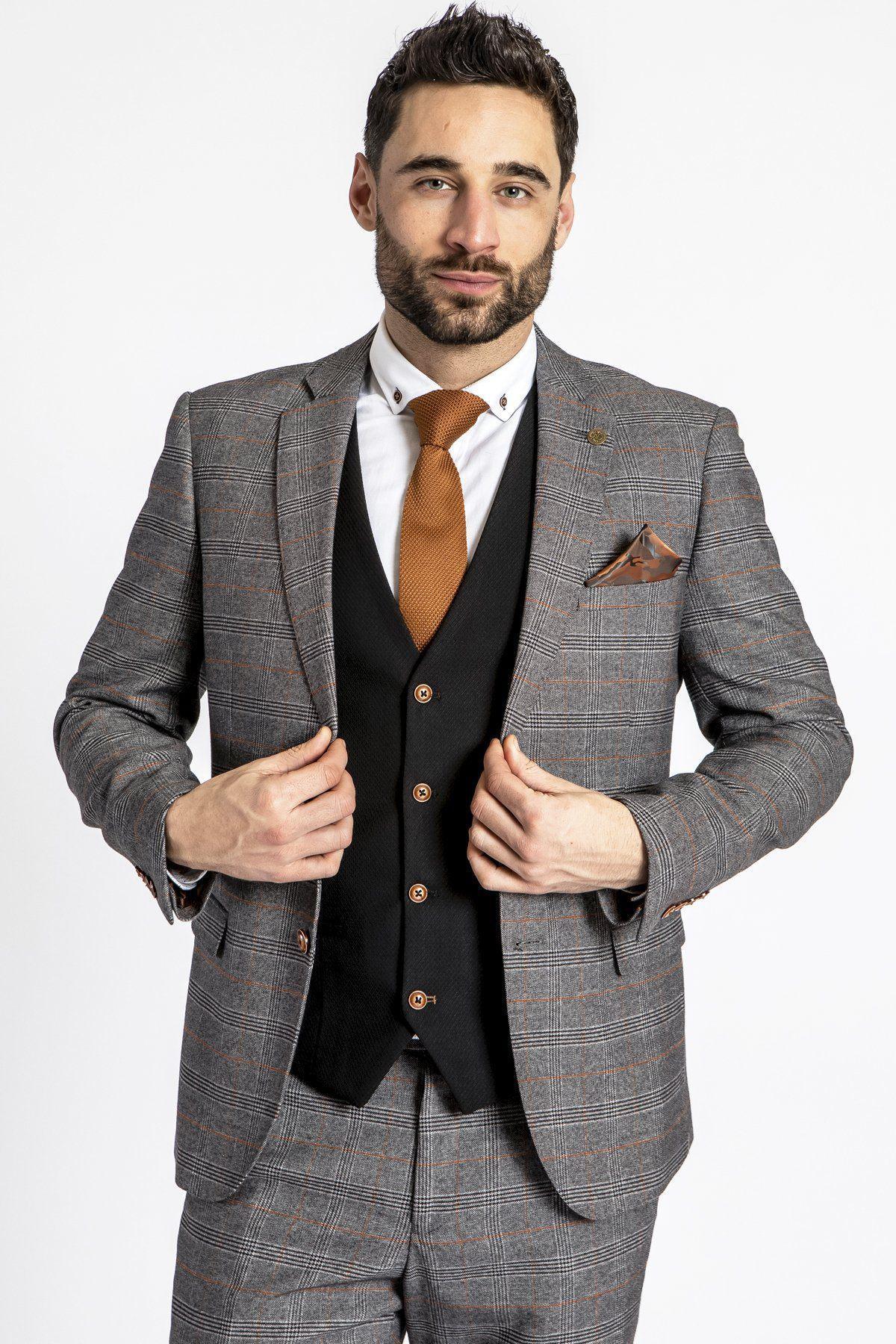 JENSON Grey Check Suit with MAX Black Waistcoat - Premium Men's Formal Wear for Business Meetings, Weddings & Special Occasions