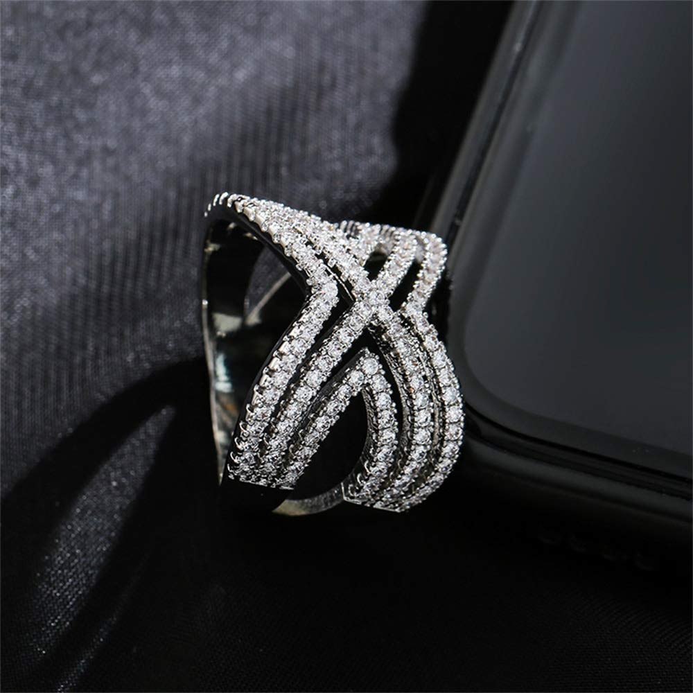 SixTwo 925 Sterling Silver Shiny Full Diamond AAA Cubic Zirconia Rings for Women - Multi Row X Cross Eternity Wedding Band, Engagement & Anniversary Jewelry Gift (Perfect for Bridal, Prom, Date Night & Special Occasions)