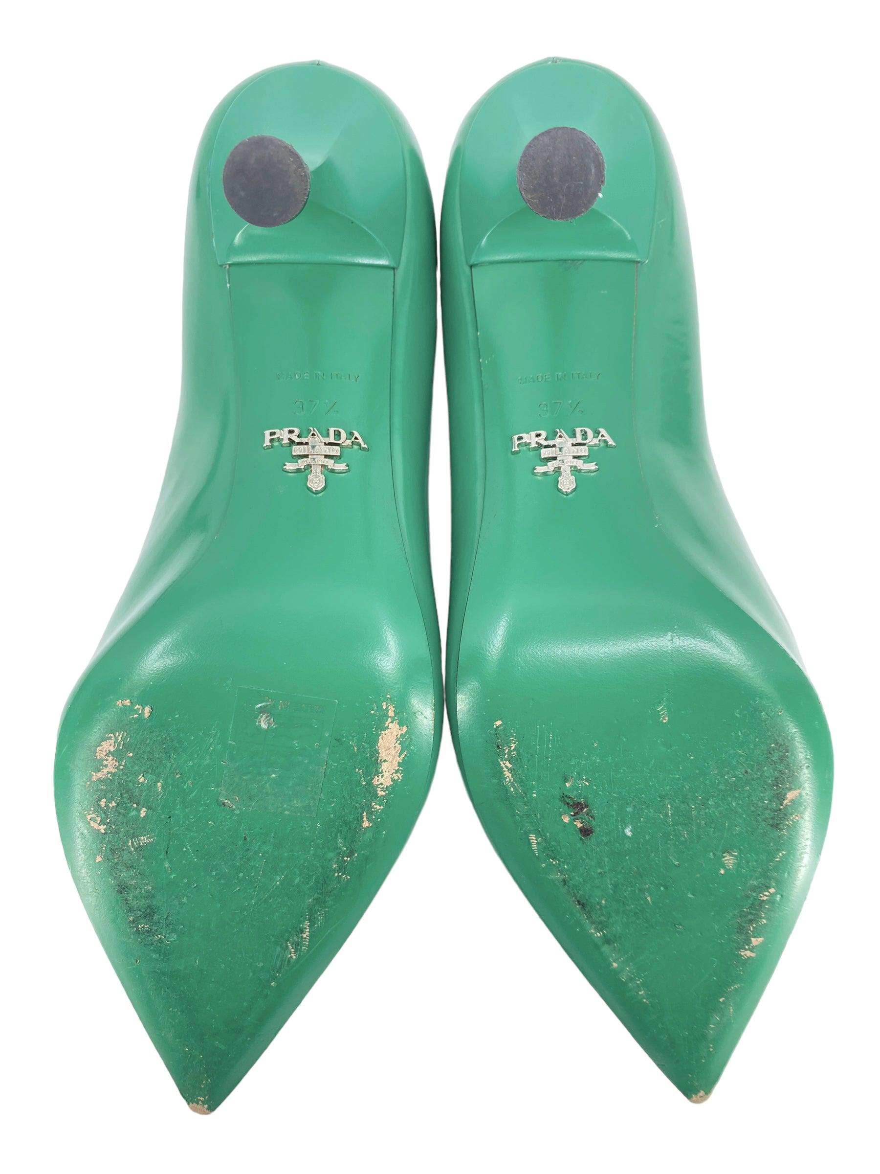 Prada Green Leather Pumps Women's Size 7.5 - Luxury Italian Designer Heels for Office, Party & Special Occasions