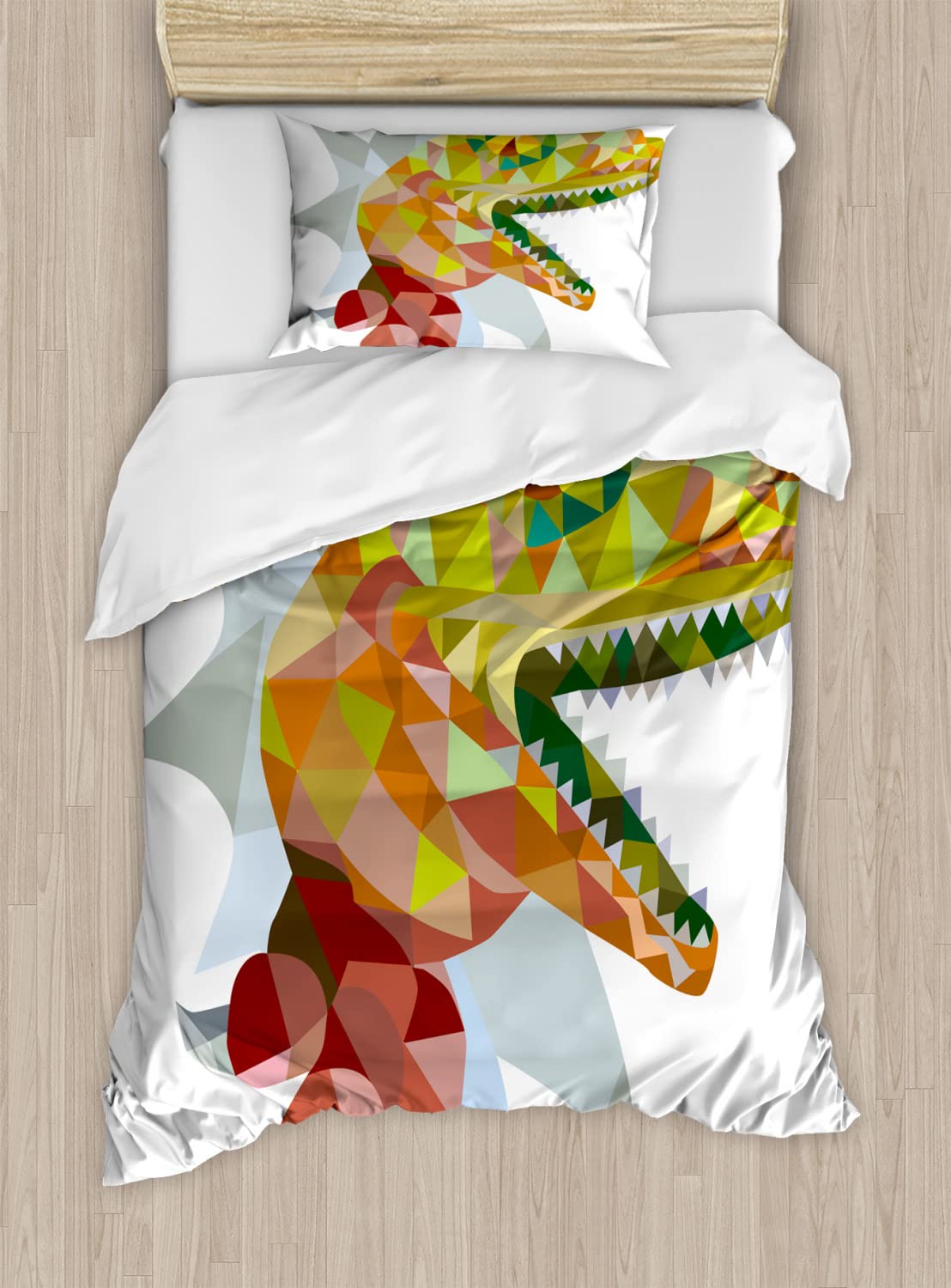 Ambesonne Reptile Duvet Cover Set - Colorful Mosaic T-Rex Dinosaur Bedding with 2 Duvet Covers & 4 Pillowcases, 2-Pack California King Size, Soft Orange Fabric - Perfect for Kids' Rooms, Dinosaur Themed Bedrooms & Jurassic Decor