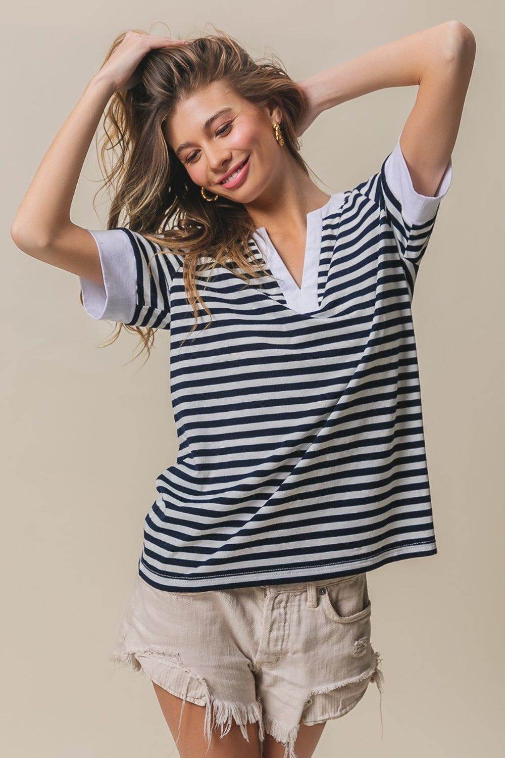 Stylish BiBi Contrast Striped Notched Knit Top for Women | Trendy Casual & Office Wear | Perfect for Layering, Date Nights & Fall Outfits