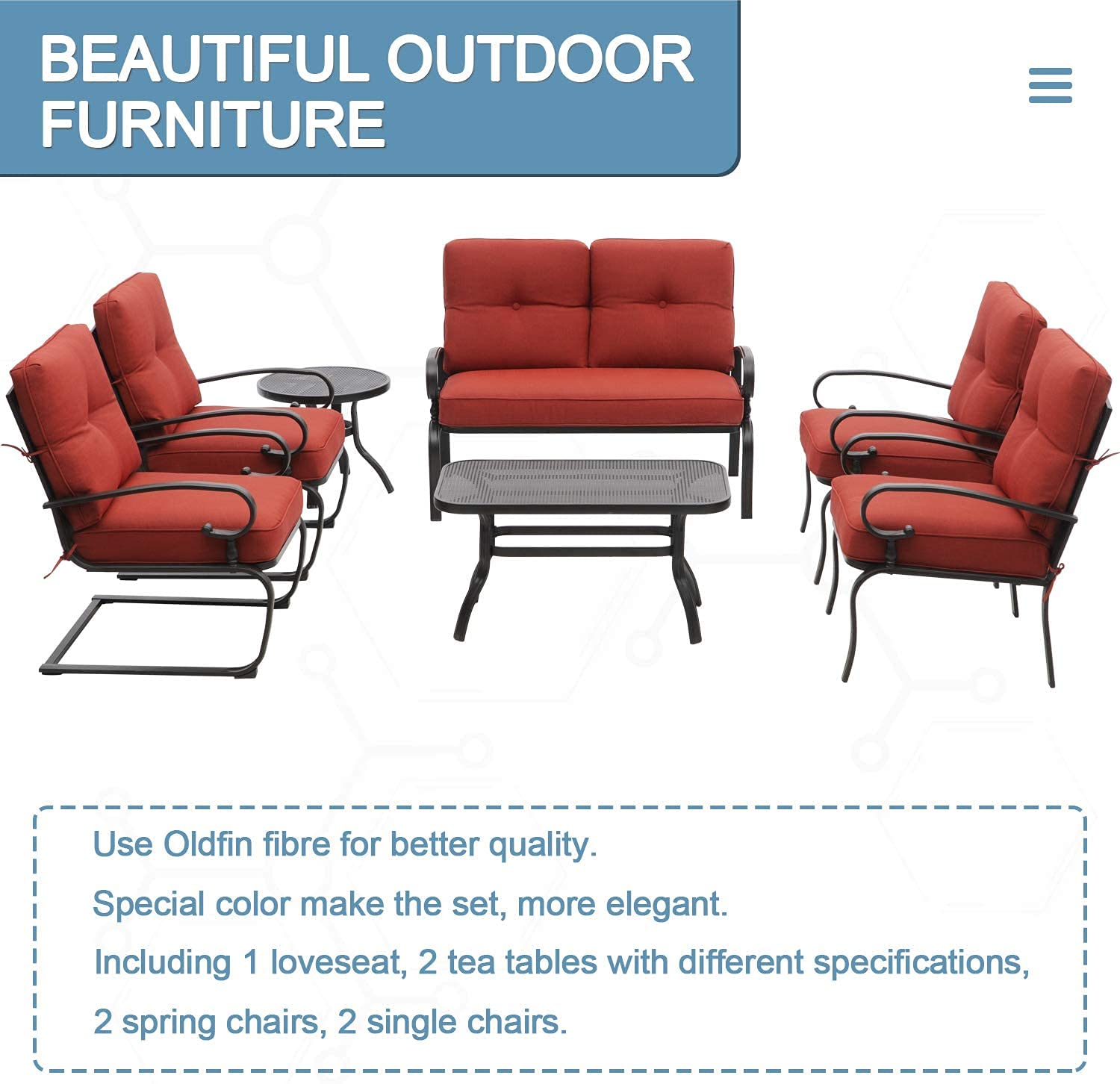 SOLAURA 7-Piece Outdoor Metal Patio Furniture Set - 2 Spring Chairs, 2 Patio Chairs, Loveseat with Coffee Table & Side Table - Weather-Resistant Red Conversation Set for Garden, Backyard & Poolside Relaxation