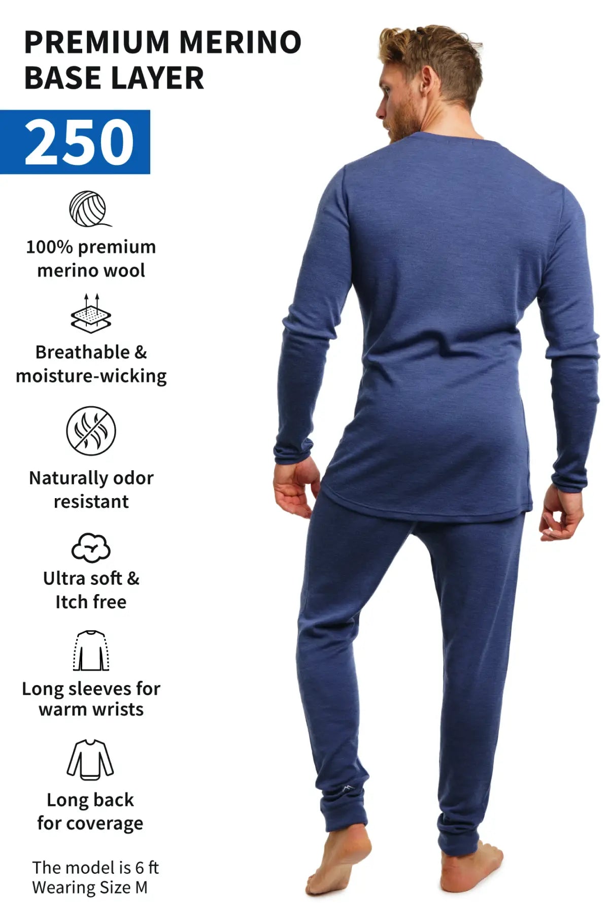 Men's 250g Merino Wool Thermal Underwear Set - Windsor Blue - Warm Base Layer for Skiing, Hiking & Winter Outdoor Activities