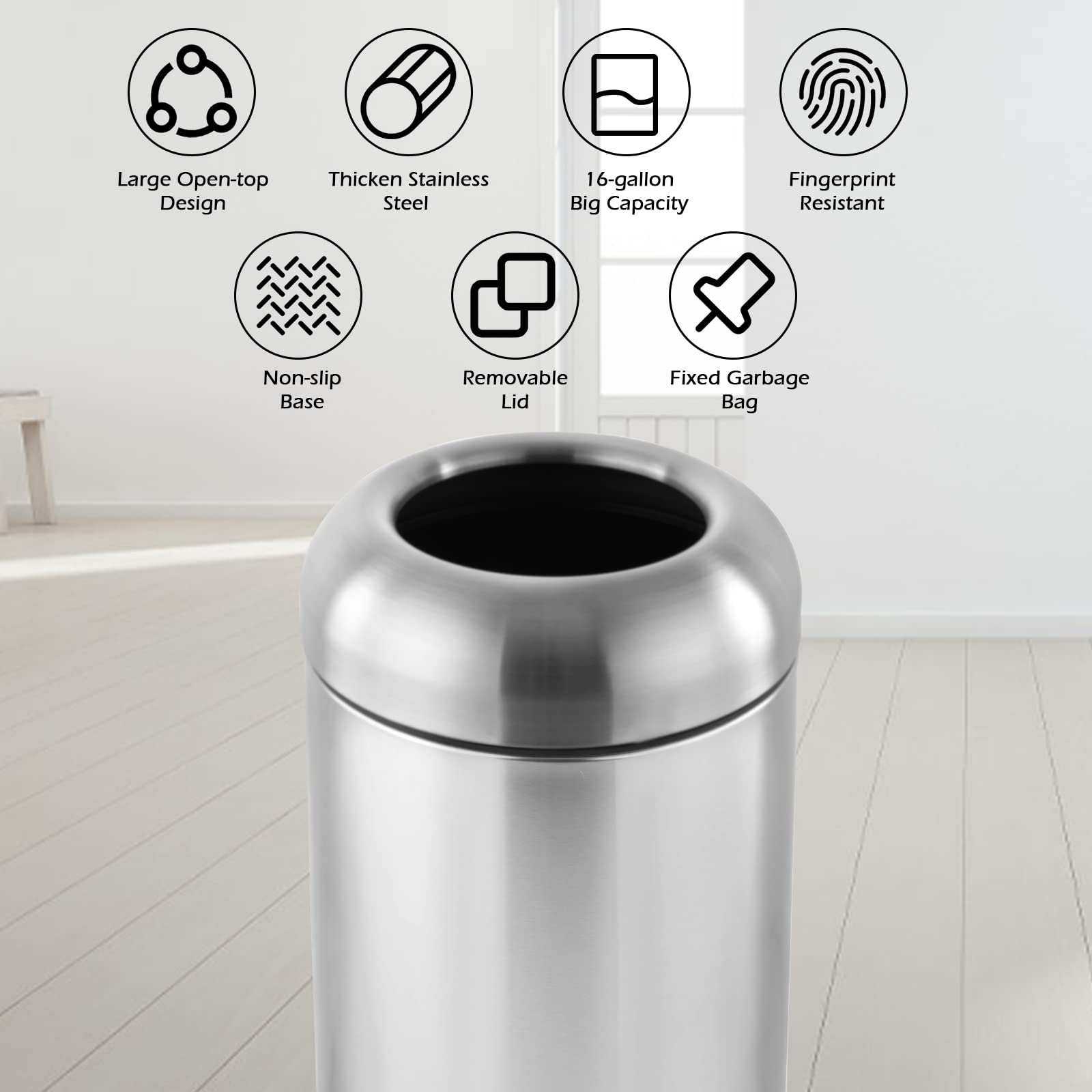 Dyna-Living 50 Gallon Stainless Steel Outdoor Trash Can with Lid - Heavy Duty Commercial Garbage Bin for Kitchen, Restaurant, Office & Industrial Use - Weather Resistant Large Waste Container (Silver) | Perfect for Backyard, Patio, Warehouse & Commercial Spaces