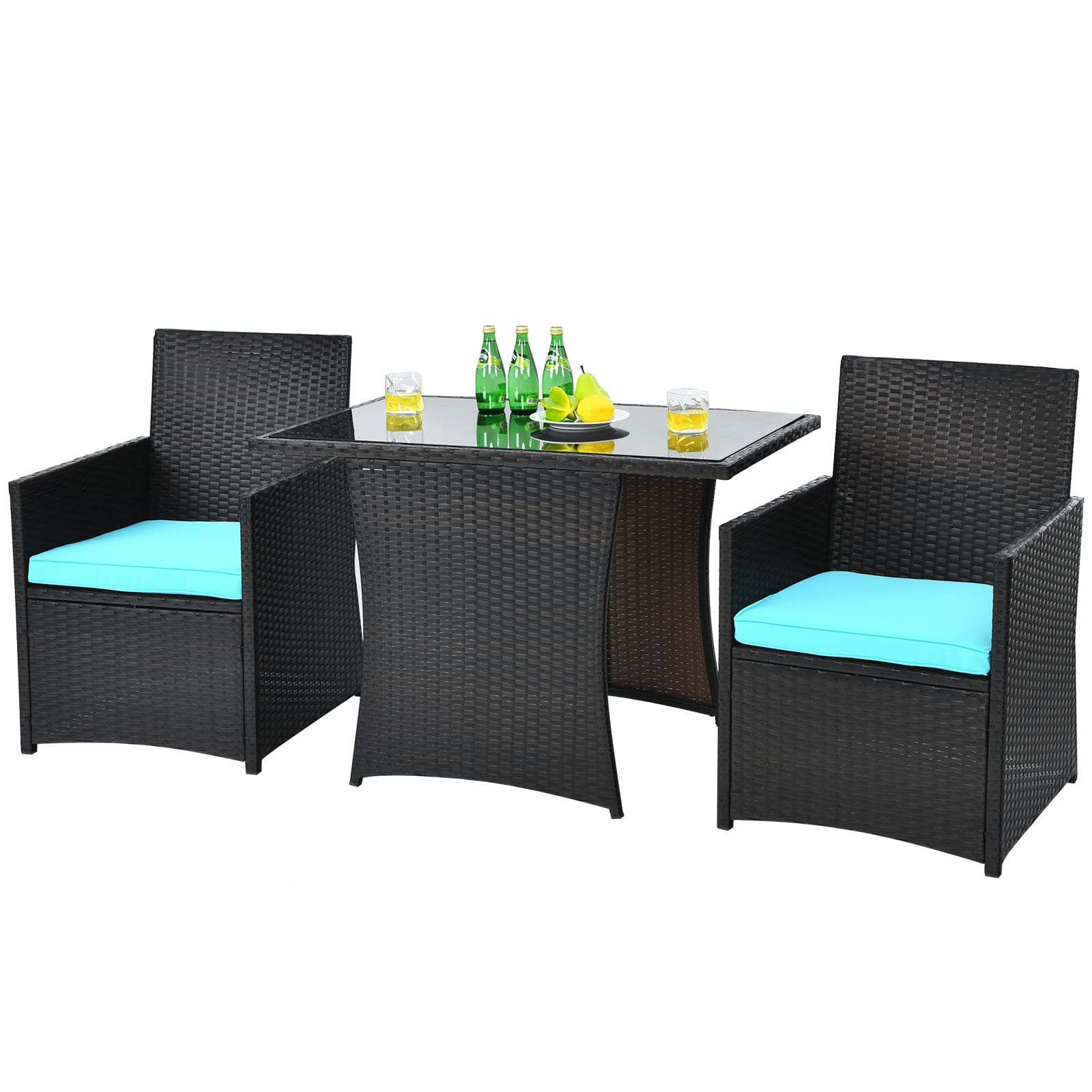 HAPPYGRILL 3-Piece Outdoor Wicker Bistro Set - PE Rattan Dining Table with Cushioned Chairs, Patio Conversation Set for Backyard, Porch, Garden & Poolside - Perfect for Outdoor Dining, Relaxing & Entertaining