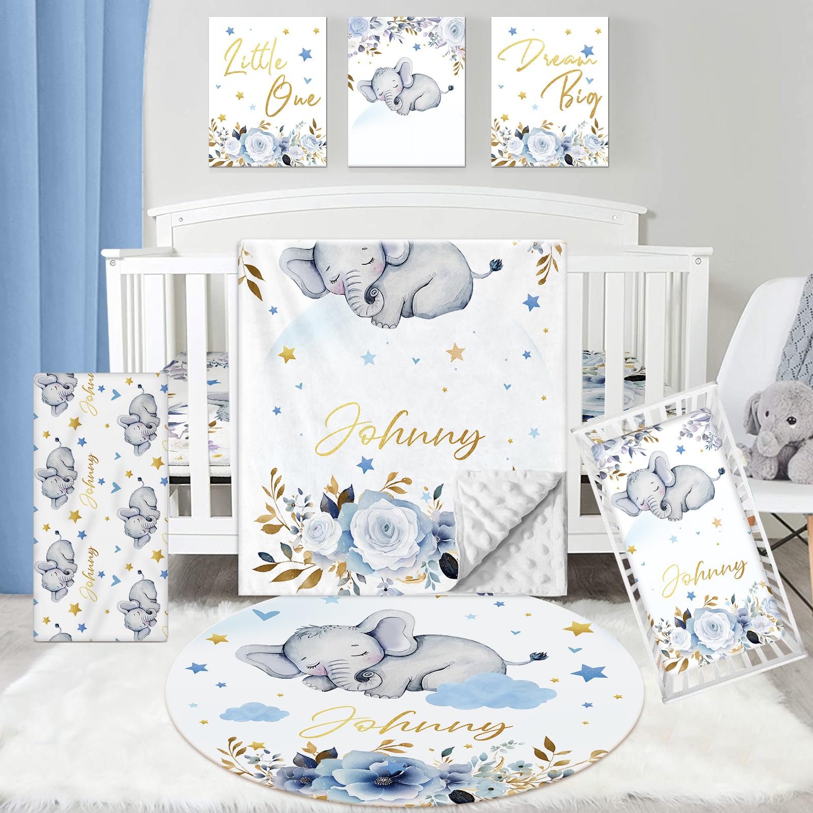 Personalized Baby Crib Bedding Set - 5 Piece Custom Nursery Bedding with Name Embroidery, Elephant Pattern Crib Set for Boys & Girls, Soft Double Layer Blanket (Standard Size) - Perfect Baby Shower Gift & Cozy Nursery Decor