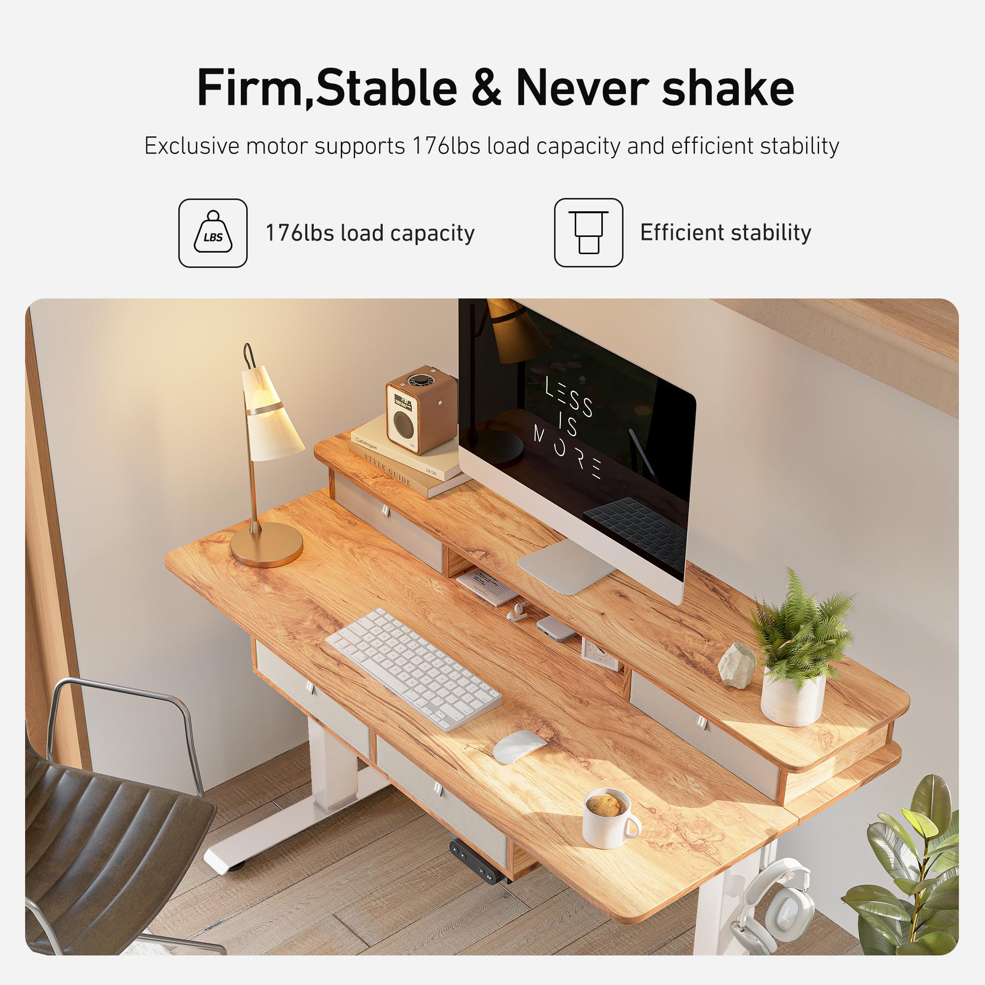 FEZIBO 55 x 24 Inch Electric Standing Desk with Drawers - Adjustable Height Sit Stand Workstation, Large Storage Shelf, Light Rustic Brown Top - Perfect for Home Office, Gaming Setup & Workspace Ergonomics