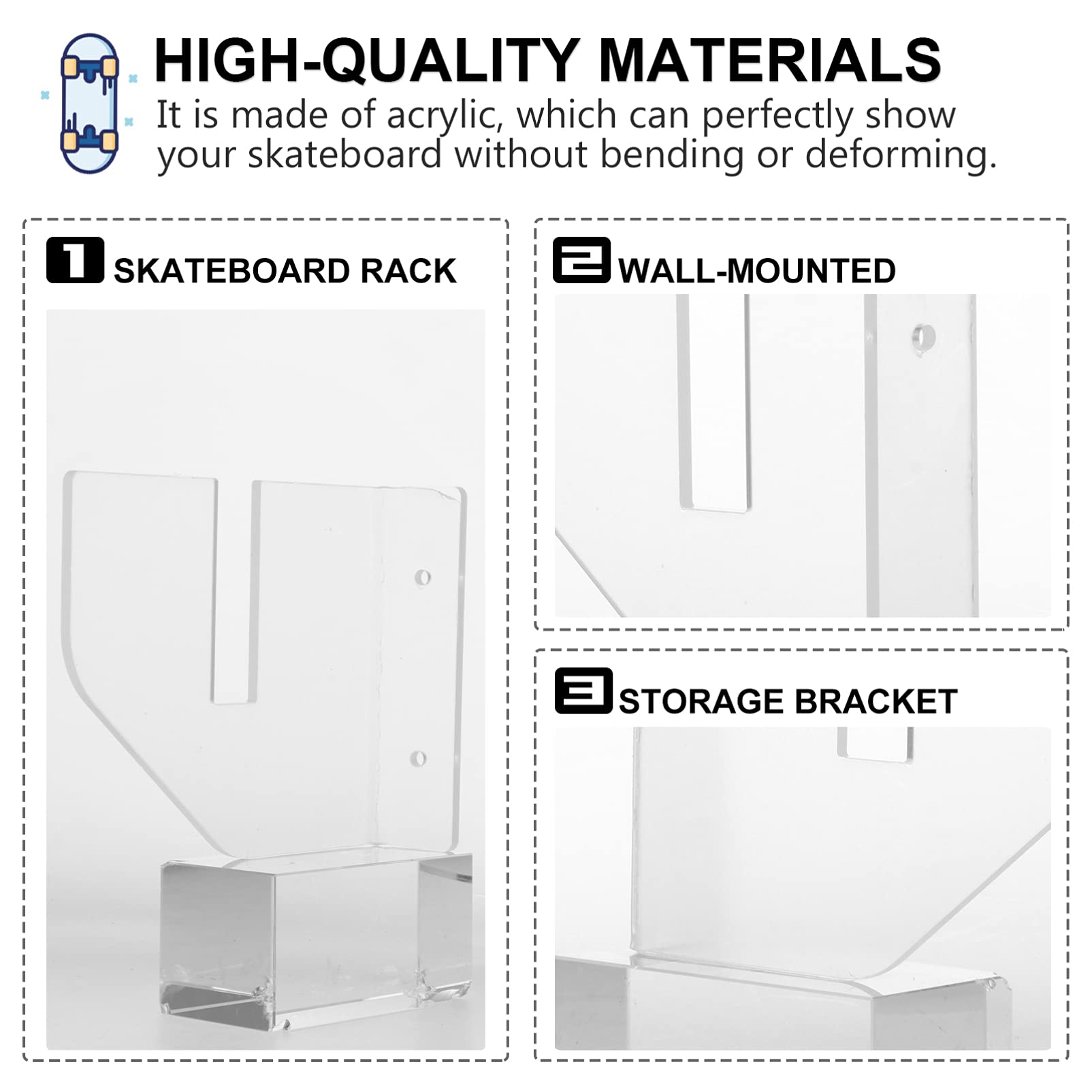 Clear Acrylic Wall Mount Skateboard Rack for Snowboard & Longboard Storage