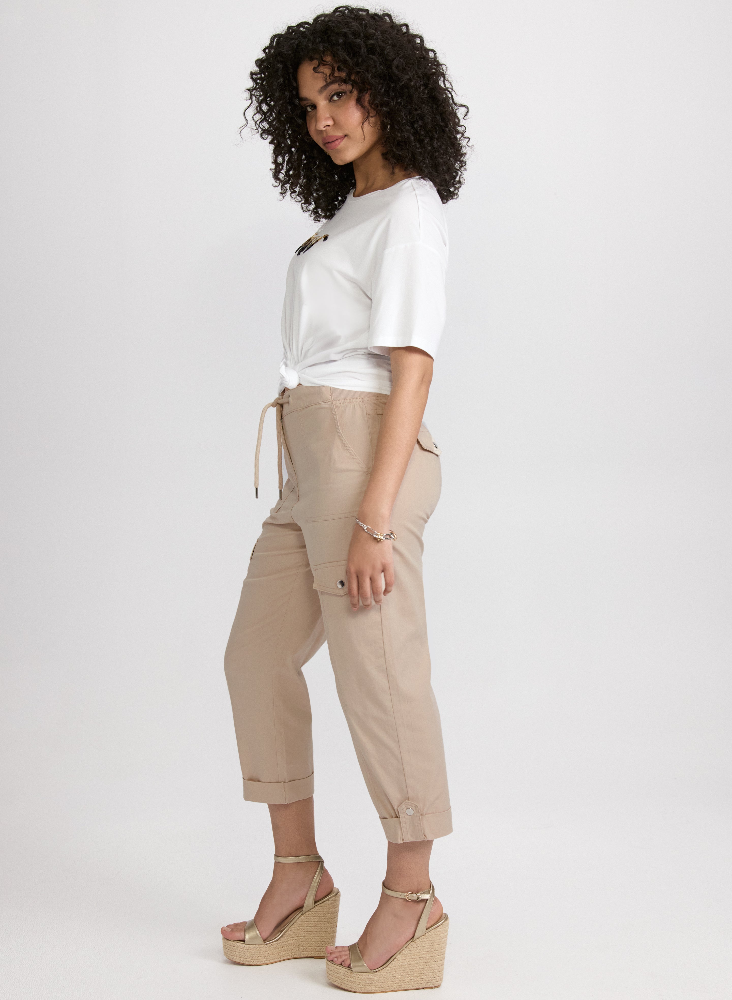 Women's Cotton Drawstring Waist Cargo Capri Pants - Comfortable Stretch Casual Shorts for Hiking, Travel & Outdoor Activities