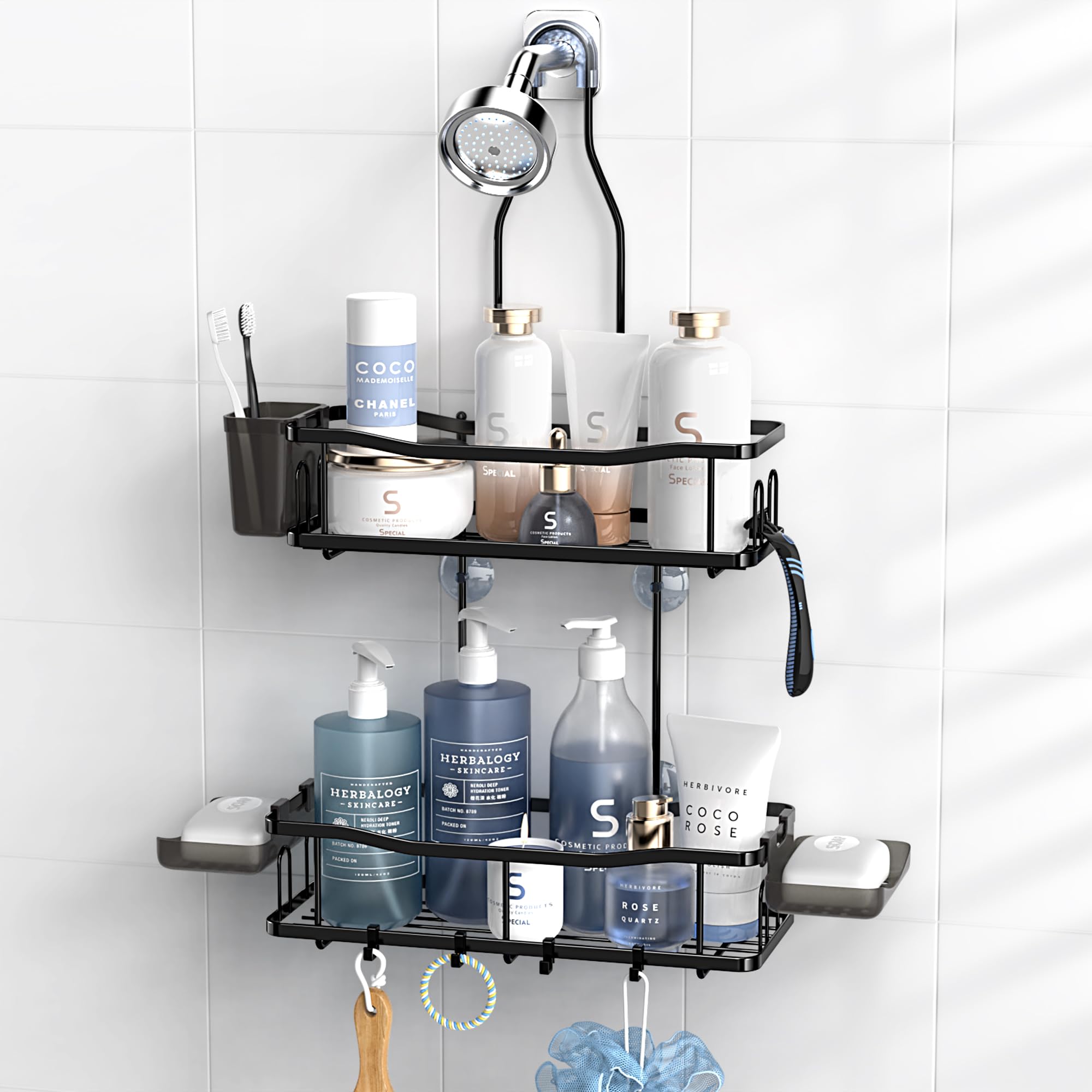Rustproof Hanging Shower Caddy - No Drill Bathroom Organizer Shelf with Soap Holder for Shampoo & Toiletries - Black Over-the-Shower Storage Solution for Small Bathrooms & Apartments