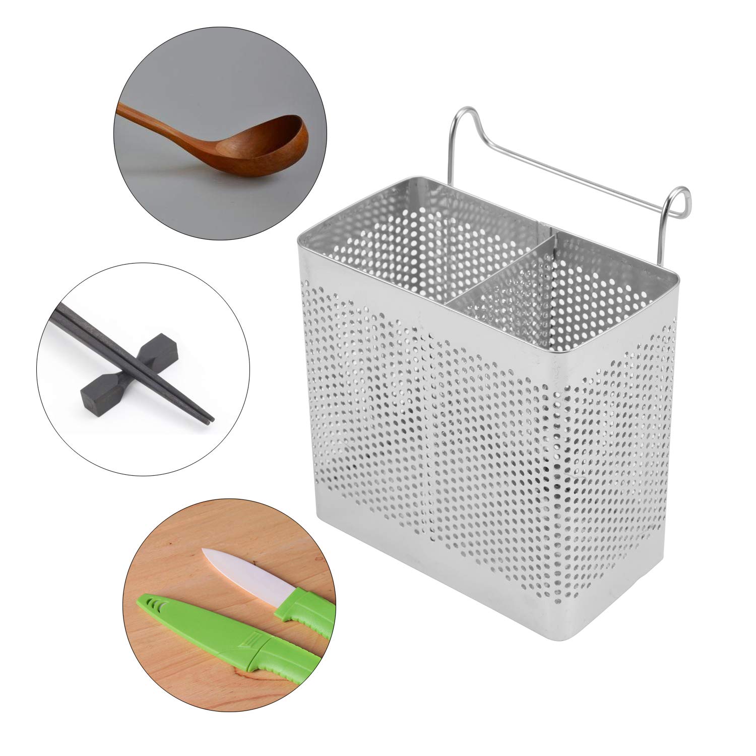 Stainless Steel Cutlery Holder with Hooks - 2 Compartment Square Drying Rack for Spoons, Forks, Chopsticks & Kitchen Utensils - Perfect for Sink Organizer, Countertop Storage & Dish Drying Station