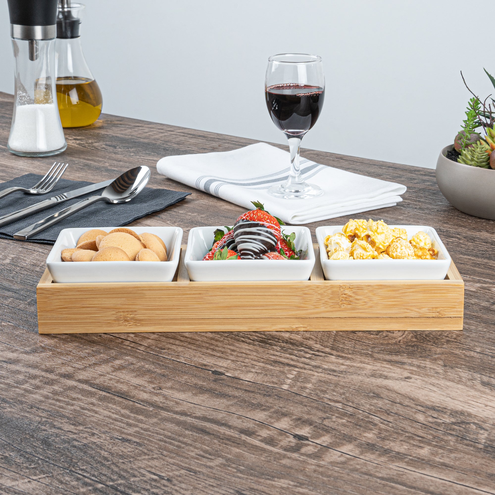Premium 6 oz White Porcelain Modern Bowl Set with Bamboo Tray - 3 Rectangle Bowls (11.75
