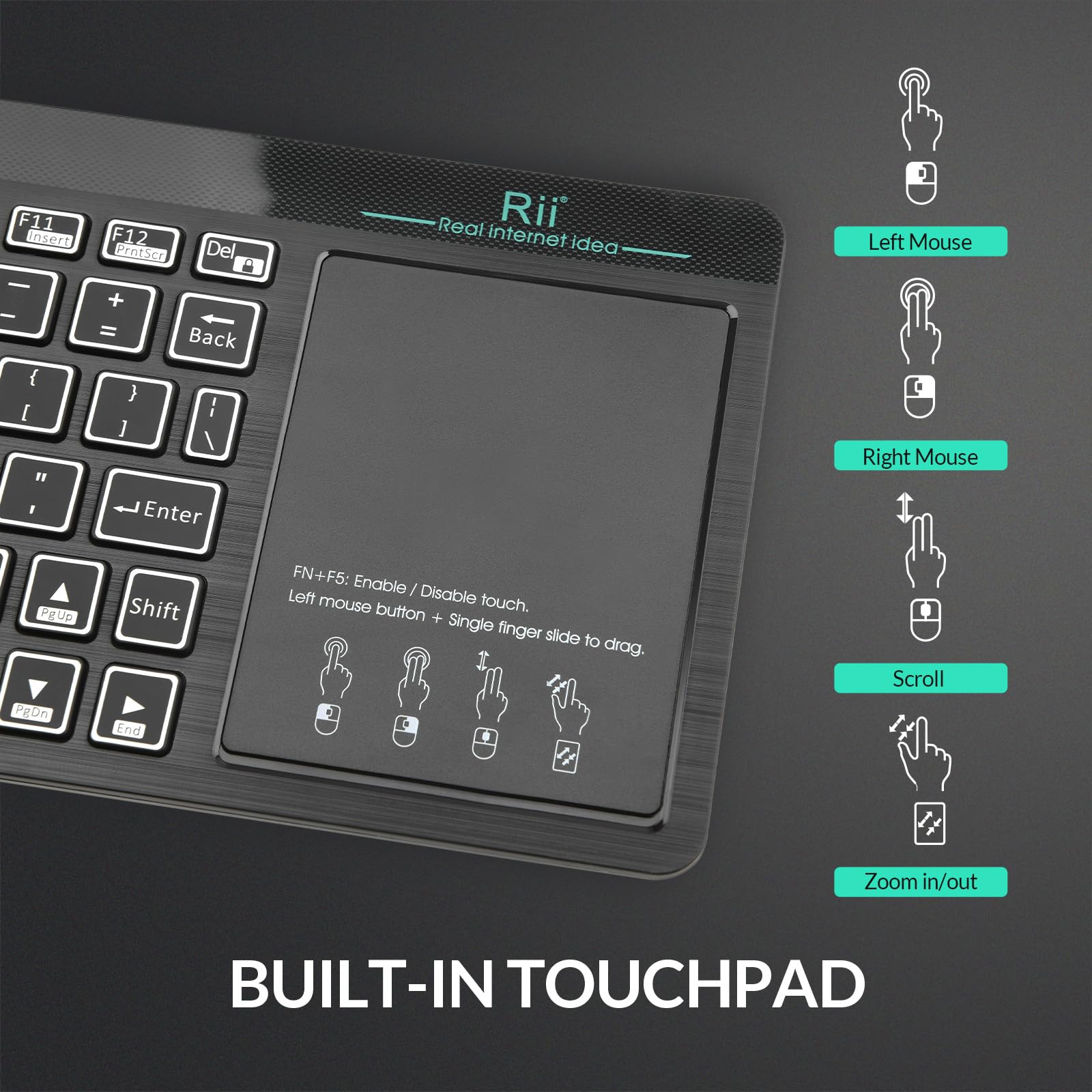 Rii Wireless Bluetooth Keyboard with Touchpad & LED Backlight - Rechargeable Big Trackpad Keyboard for Android TV Box, Smart TV, Xbox, Raspberry Pi, PC, Tablet, HTPC | Compatible with Android, Windows, macOS | Perfect for Home Entertainment & Office Work
