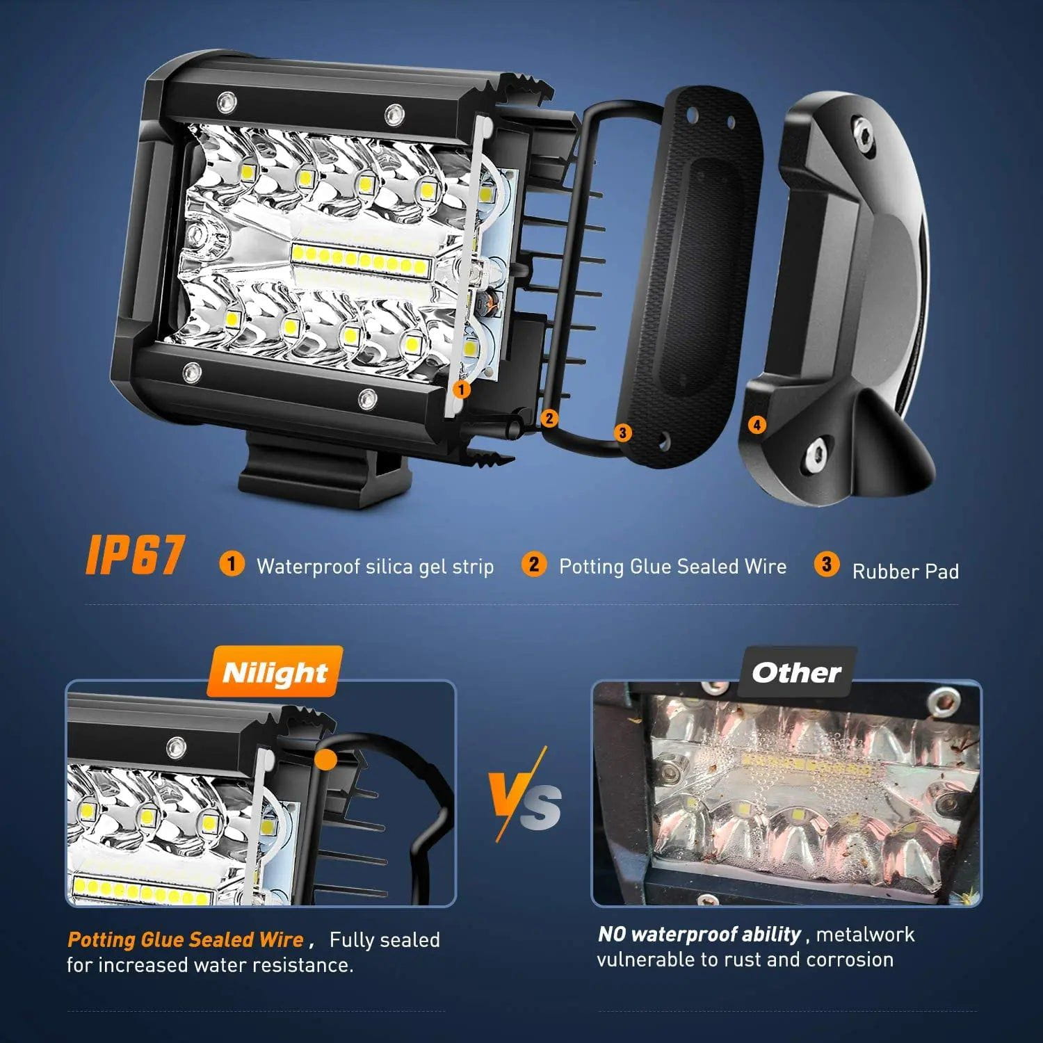 4 Inch 60W 6000LM Triple Row Spot Flood LED Pods (2 Pairs) - Waterproof Off-Road Lighting for Trucks, ATVs, UTVs, Boats & Marine Applications