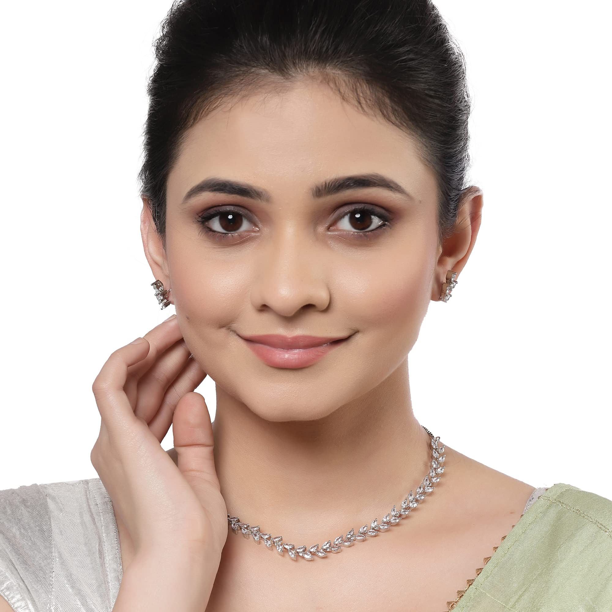Rose Gold-Plated Leaf Design Black & White Diamond Studded Jewelry Set for Women - Elegant Necklace & Earrings Set for Parties, Weddings & Special Occasions