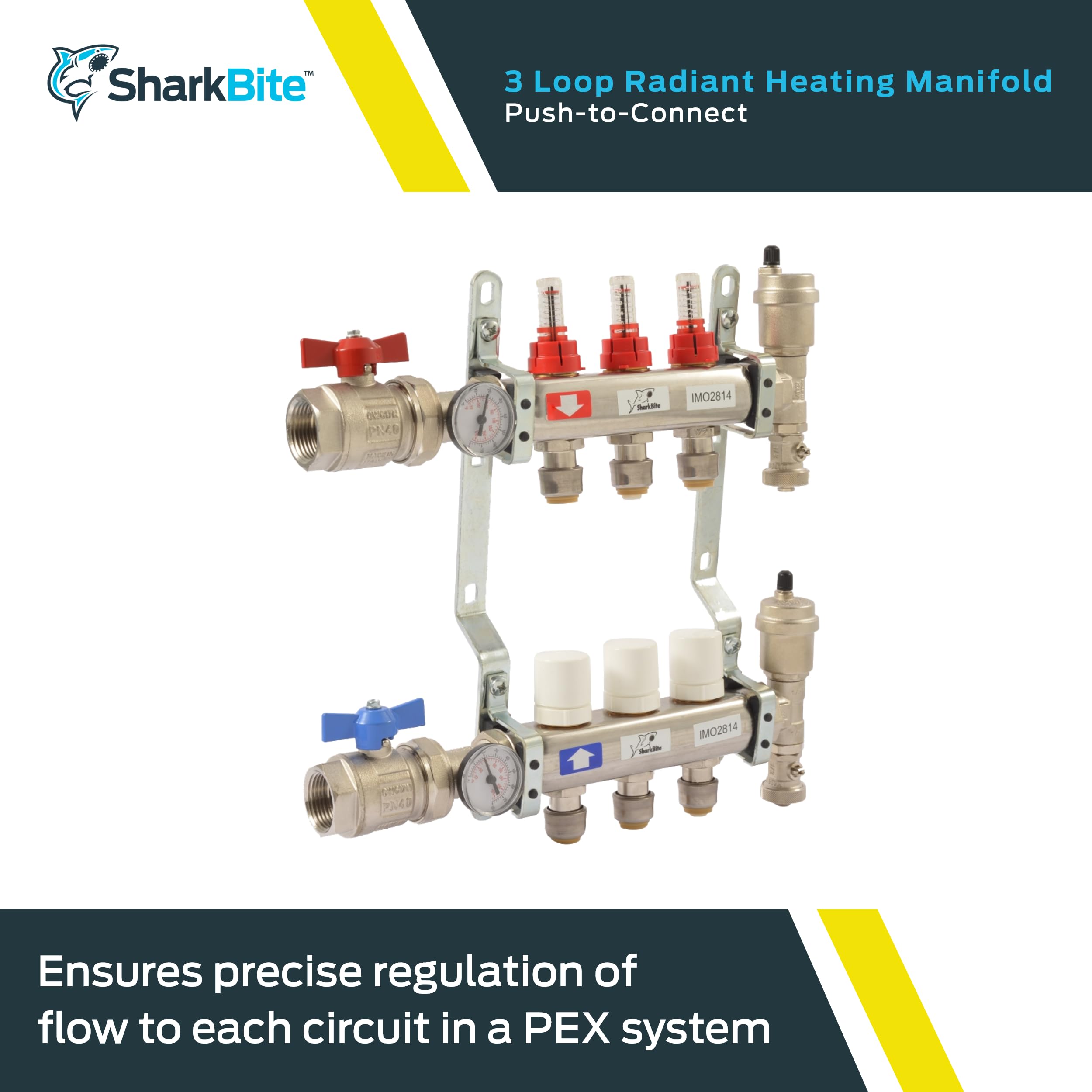 SharkBite 3 Loop Radiant Heating Manifold - Push to Connect Brass Plumbing Fitting for PEX Pipe & PE-RT (Model 24930) - Perfect for Hydronic Heating Systems & Underfloor Heating Installations