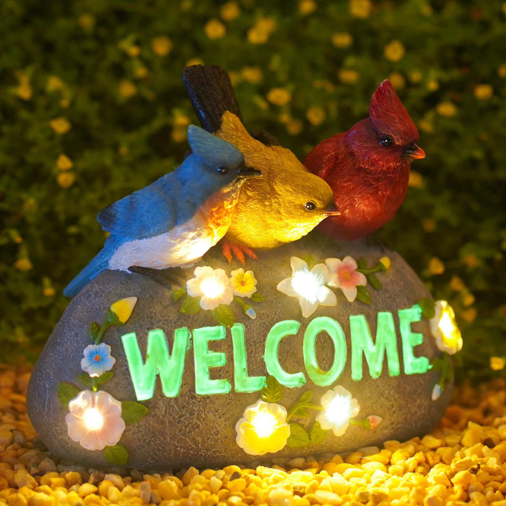 Solar Powered Bird Welcome Sign - Outdoor Garden Decor with LED Lights - Elegant Solar Figurines for Women, Moms & Bird Lovers - Perfect for Front Porch, Yard & Patio Decorations